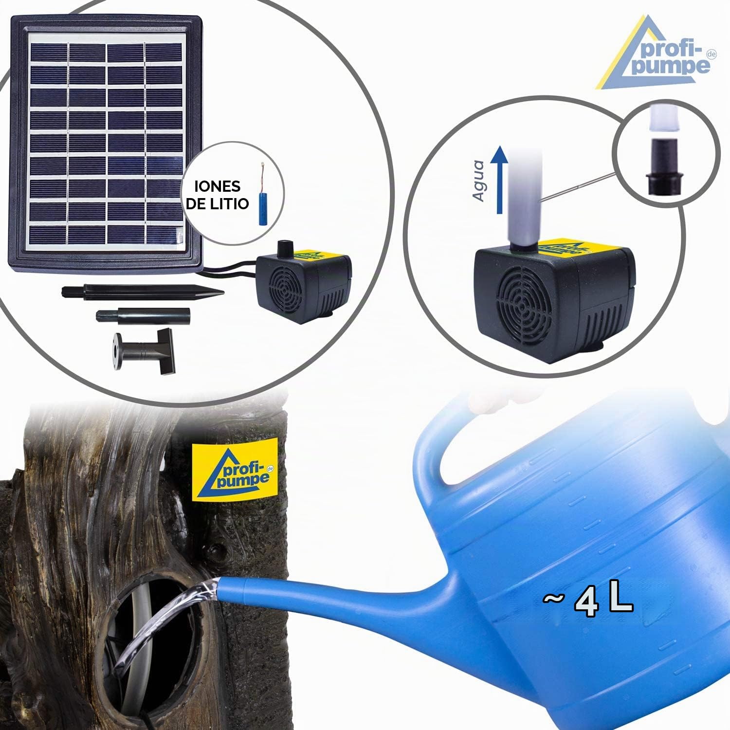 AMUR Fuente solar de jardín con batería de respaldo y luz LED, cascada autónoma, tronco de árbol y cuencos de piedra
