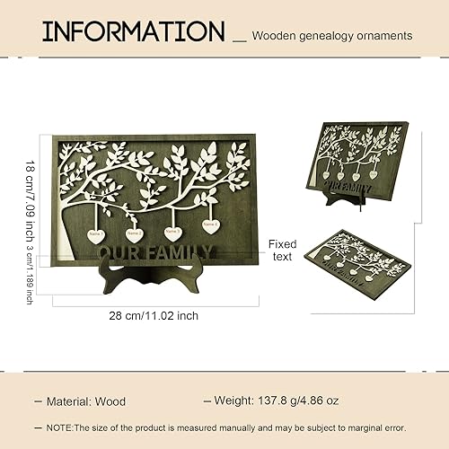 Vista 170 de Árbol genealógico con etiqueta de corazón, placas de madera grabadas personalizadas, regalos personalizados para madres, padres, escritorio, nombres