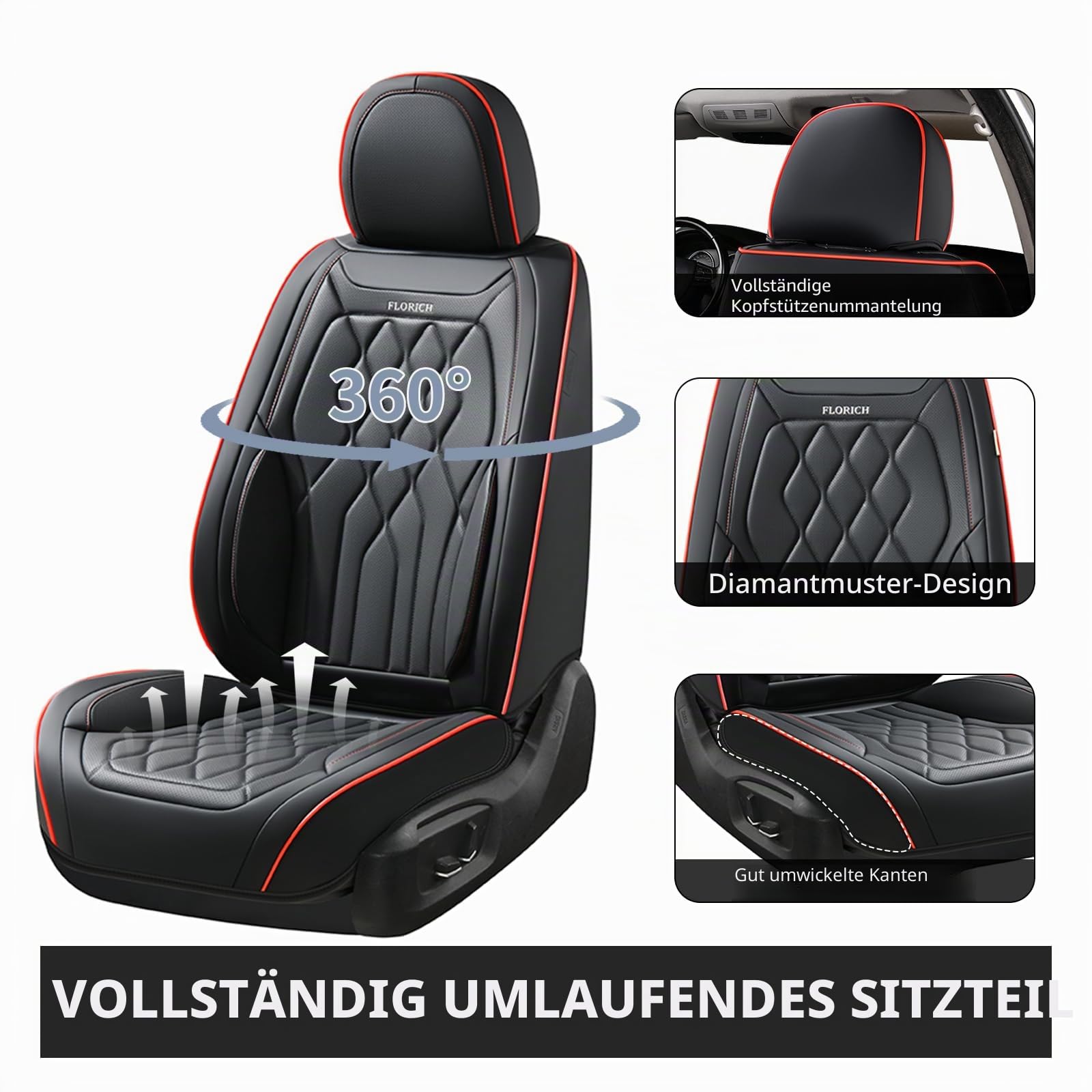 FLORICH Autositzbezüge, Vordersitzbezüge, wasserdicht, Leder, universal, passend für die meisten Autos, SUVs, LKWs (Schwarze Sitzbezüge mit roter Nähte, 2 Vordersitze)