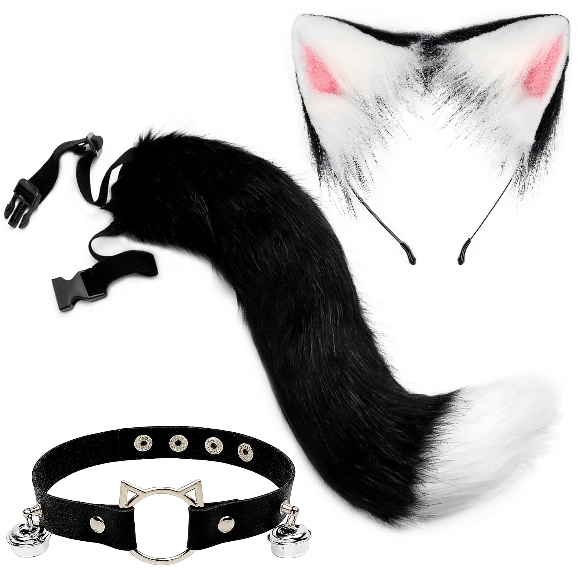 Orgoue Cat Costume Accessories, Fox Wolf Costume Accessories Black Cat Tail Ears Headband for Adult Women for Halloween