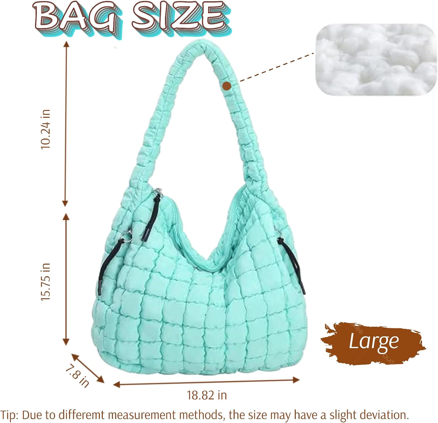 Quilted Puffer Hobo Bag, Large Nylon Crossbody Shoulder Tote, Lightweight Puffy Handbag with Zipper