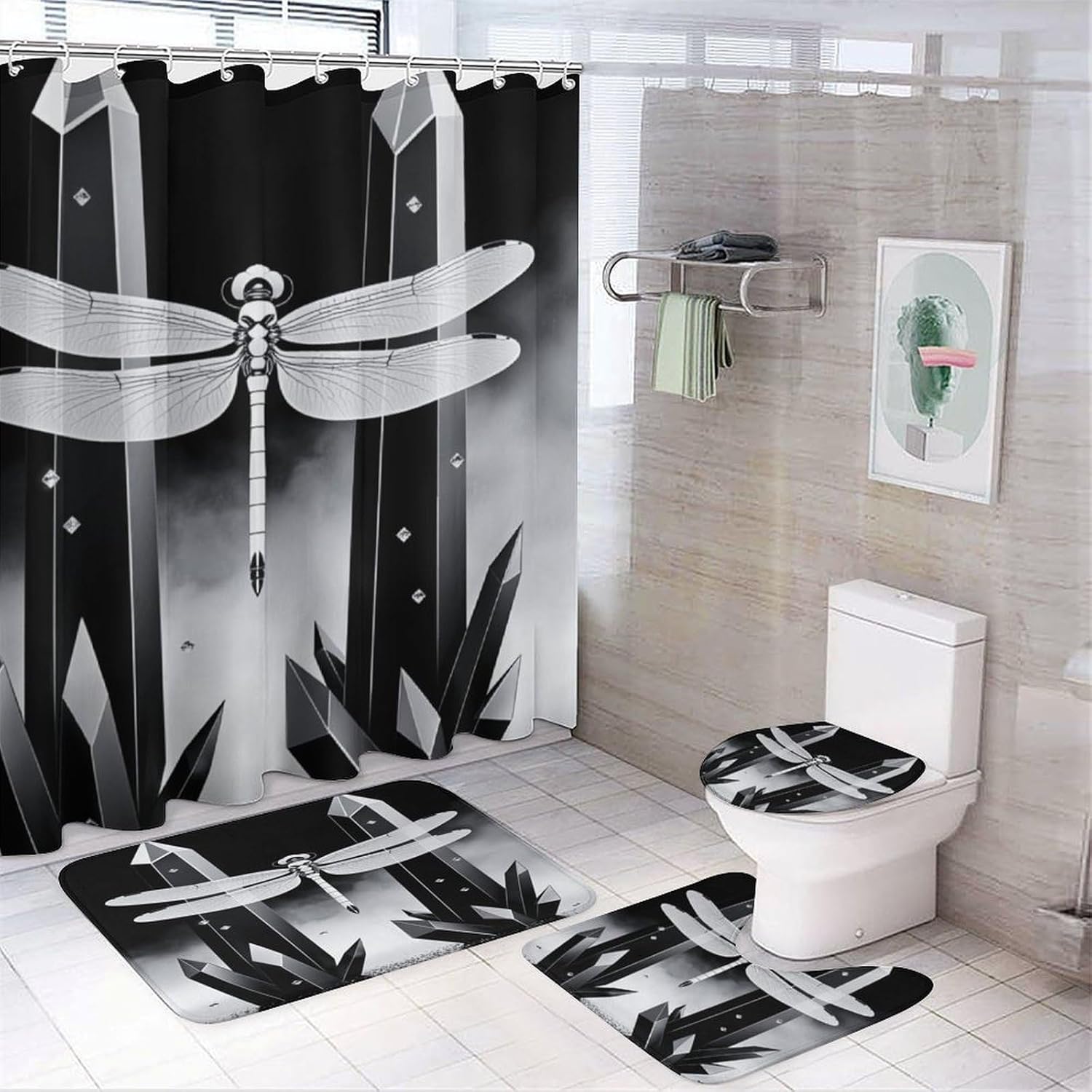4PCS Mystical Dragonfly Crystal Diamond Black Shower Curtain Set 72W X 72L, Magic Smoke Sparkle Print Bathroom Decor, Toilet Lid Cover Non-Slip Rugs and U-Shaped Mat Set 12 Hooks