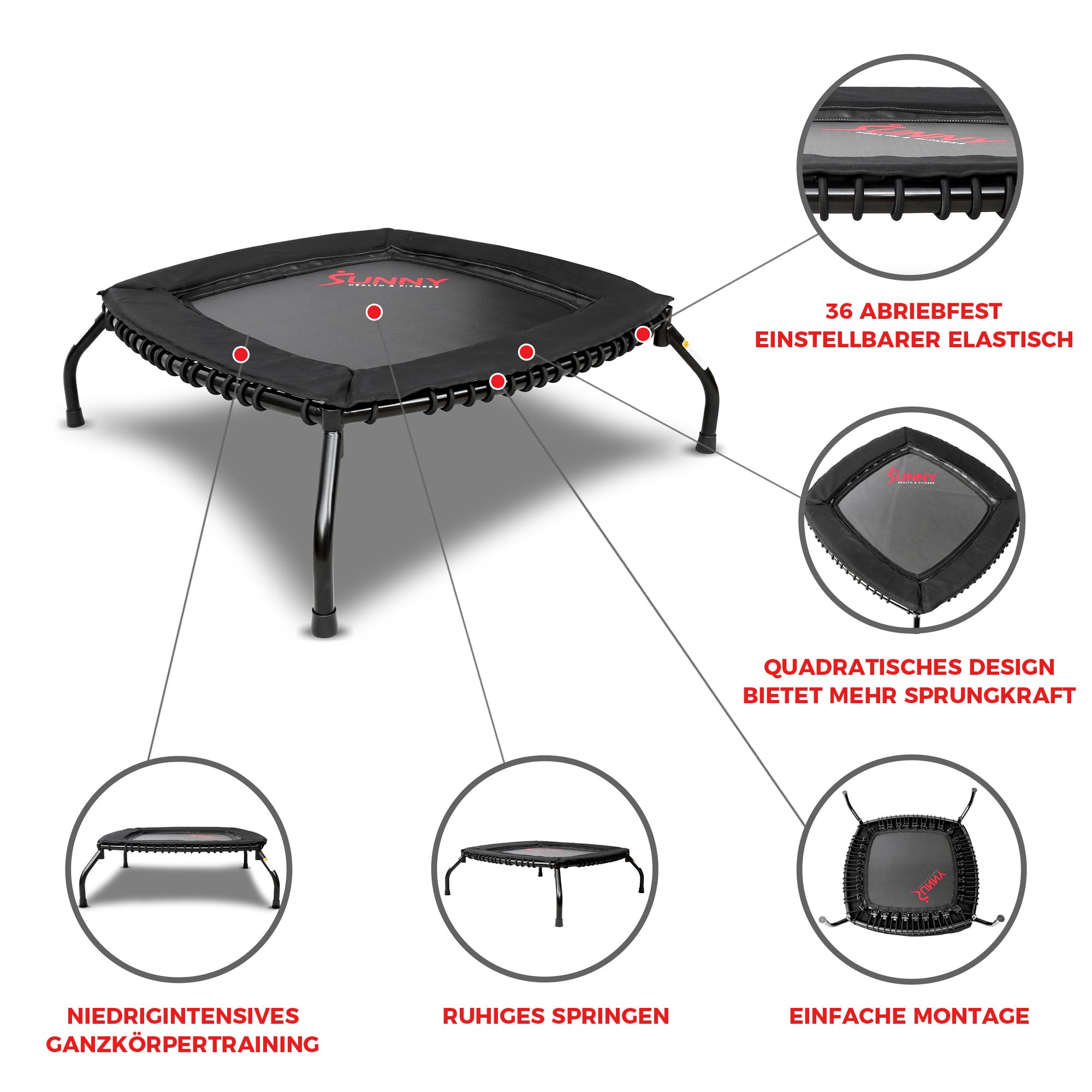 Sunny Eckiges Fitness-Trampolin mit Bungee-Federung, 91/102 cm | Trampolin ohne Metallfedern, Einzeln verstellbare Bungee-Seile, Gummifüße, 3 cm Stahlrahmen