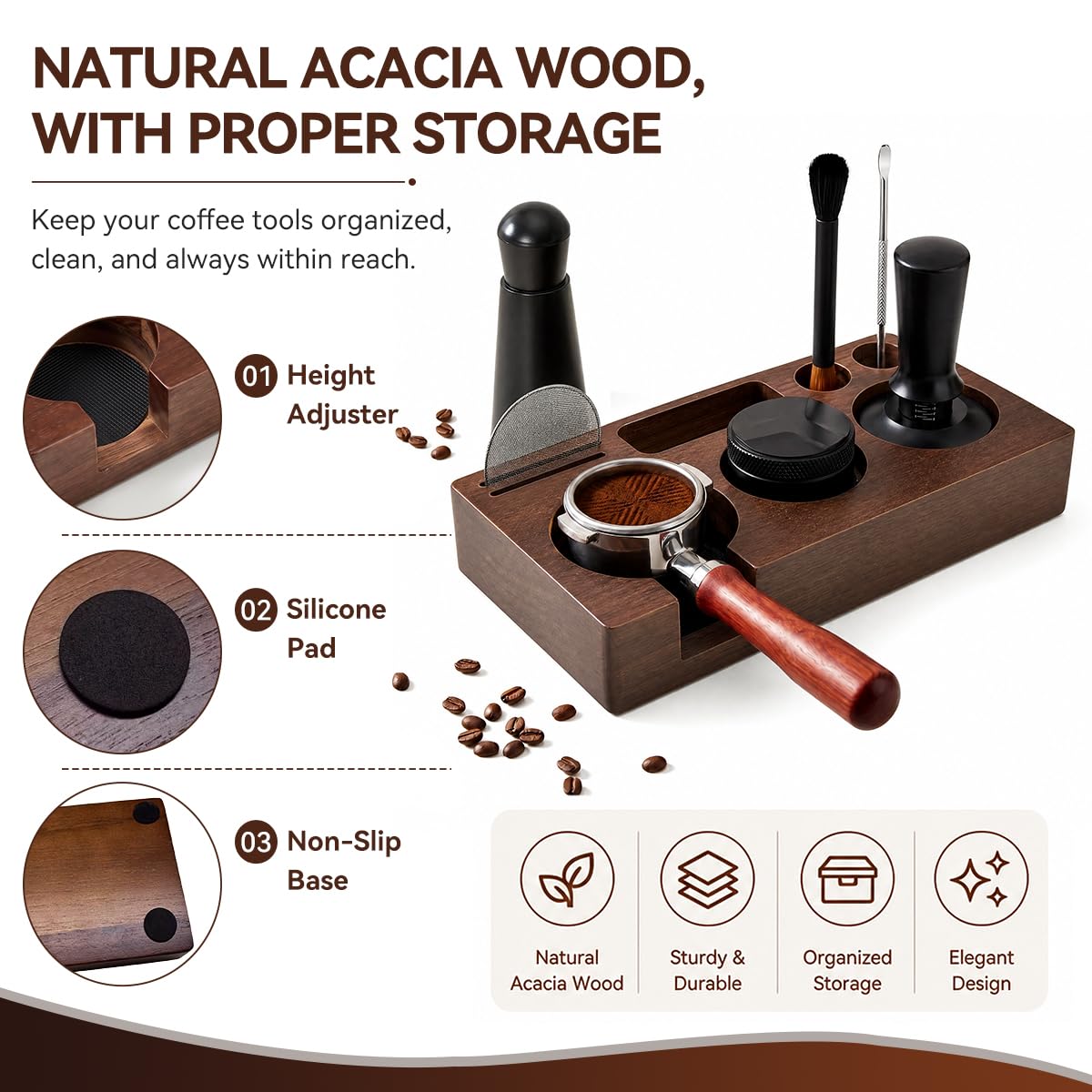 Set di pressini per caffè espresso con stazione di pressatura, 51 mm, con distributore di accessori, agitatore per caffè espresso, spazzola per la pulizia, tappetino per pressino, aghi, set