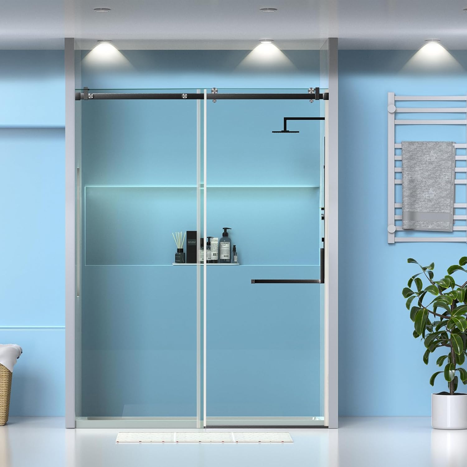 Frameless Glass Shower Door 56-60" W × 75" H, Sliding Glass Shower Door with 5/16" (8mm) Clear Sgcc Tempered Glass, Noiseless Frameless Shower Door with Stainless Steel Handle and Seal Strip Sliver