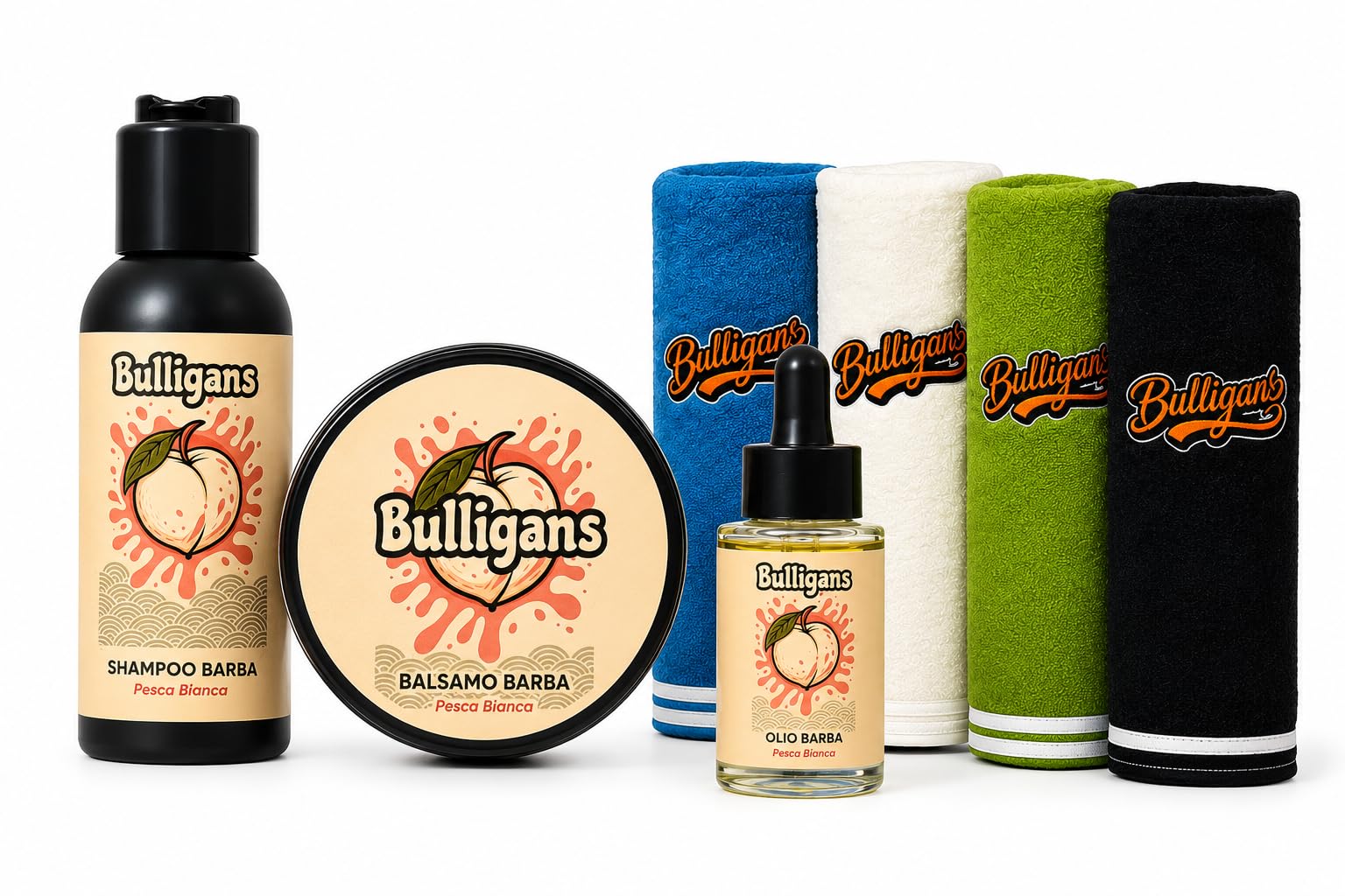 Bulligans Box Routine Barba Pesca Bianca, Shampoo, Balsamo e Olio Barba, Naturale, Made in Italy - Idee Regalo Uomo Compleanno Natale San Valentino, Regali per Lui Papà Marito