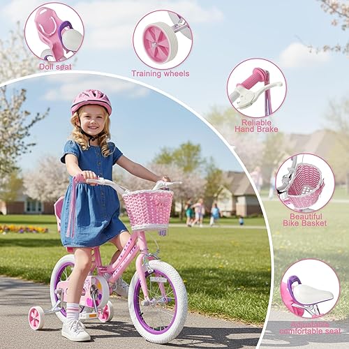 Miniatura 3 de XJD Bicicleta para niñas de 2 a 12 años de edad, bicicleta para niños de 12 a 20 pulgadas, con ruedas de entrenamiento y cesta Rosa claro,Flor