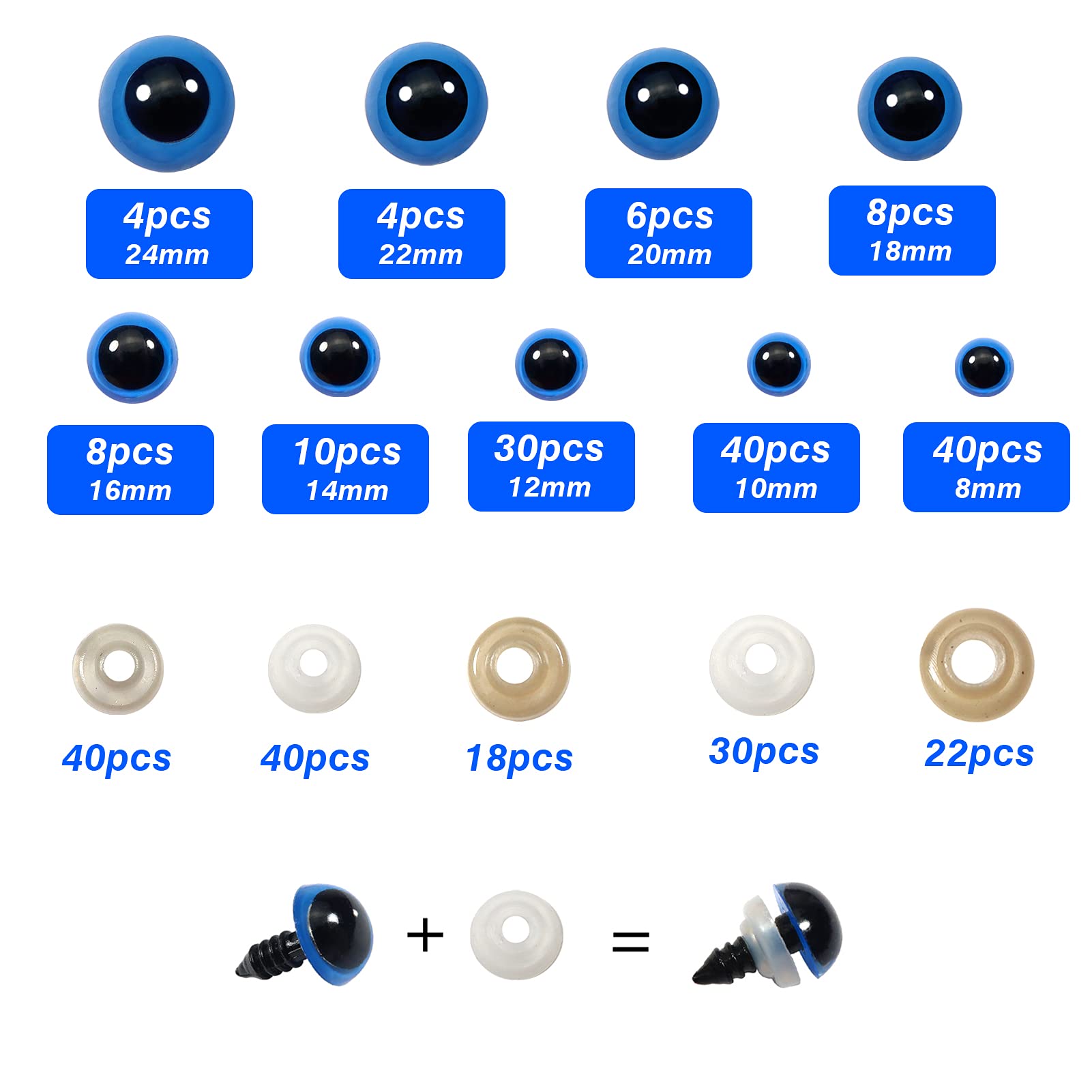 150pcs Yeux De Sécurité Bleus Pour Peluches Et Poupées - 8 à 24mm Avec Rondelles - Kit Complet DIY Artisanat