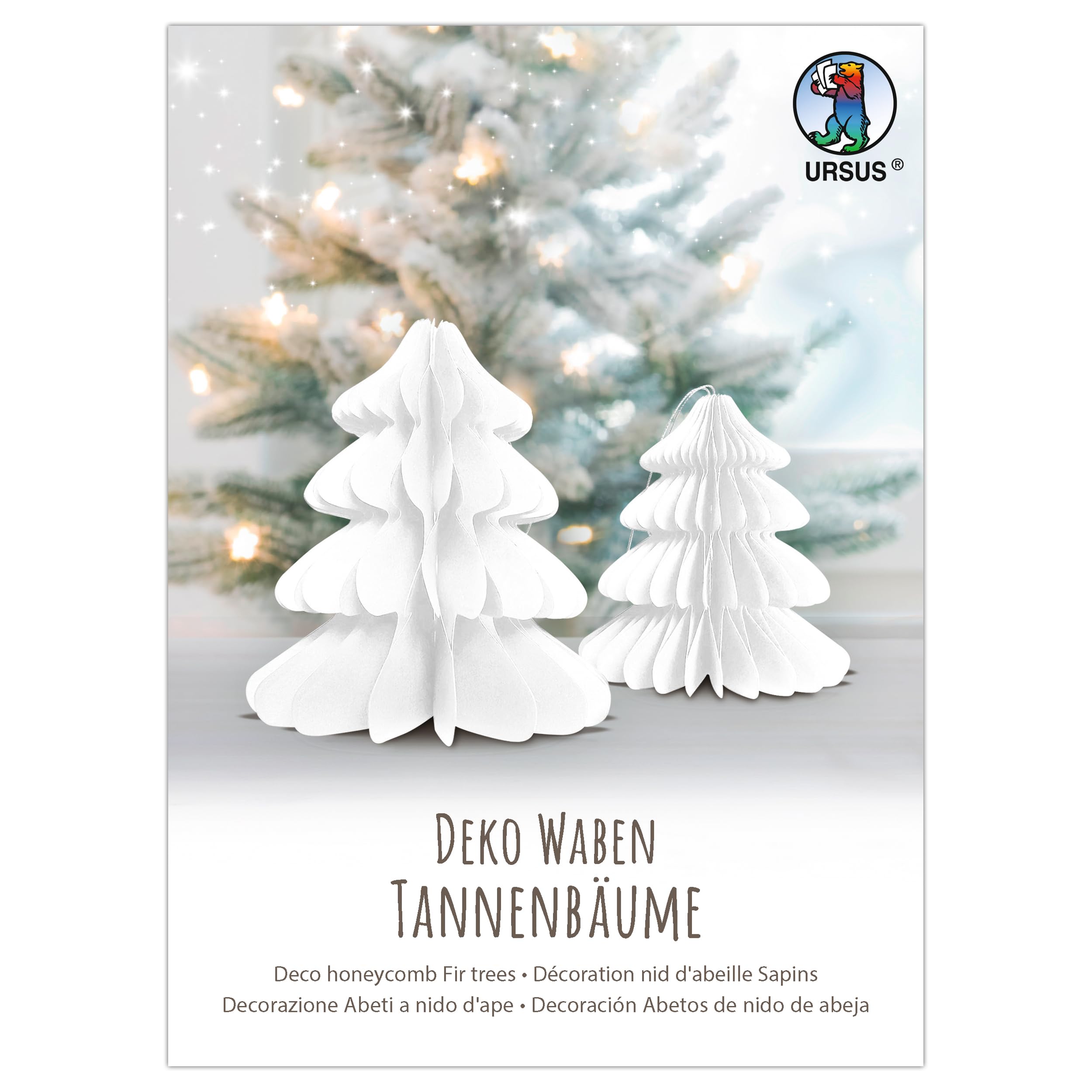 Ursus 24290001F - Deko Waben Tannenbäume, Wabenball Dekoration zu Weihnachten, 2 Stück in verschiedenen Größen, Weiß, zum Aufhängen oder Hinstellen