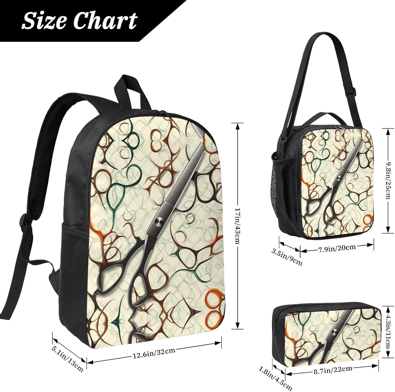 Scissors Hairdressing Tool Backpack Set 3 PCS - 17 Inch Laptop Backpack with Lunch Bag, Waterproof Daypack Insulated Lunch Box Large Capacity Coin Pouch Personalized Gift image 4