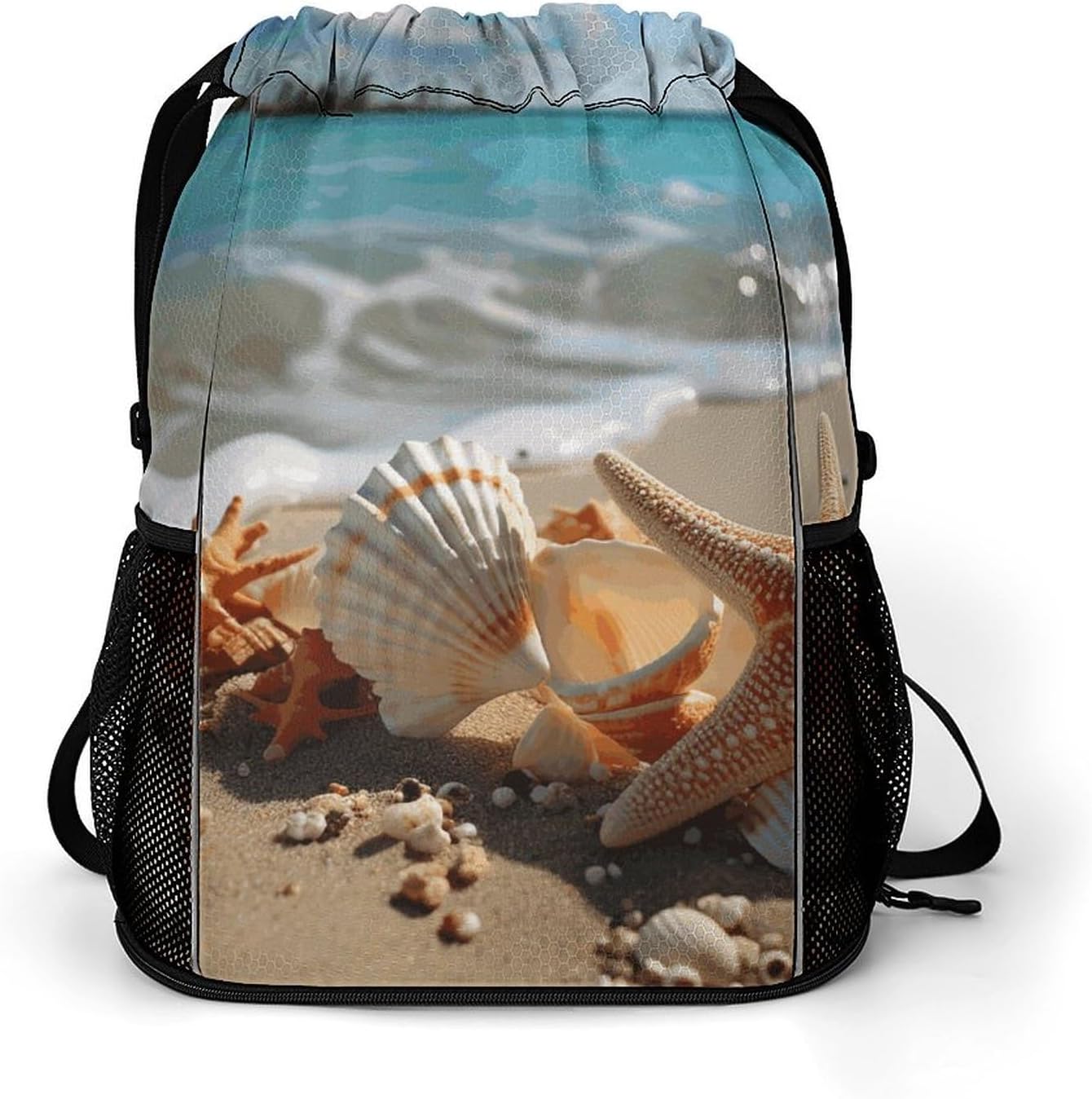 Small Gym Bag Seashells Starfish on Beach Printed Drawstring Gym Bag for Men Lightweight Waterproof Drawstring Backpack for Women with Shoe Compartment for Travel Tourism Work And Fitness