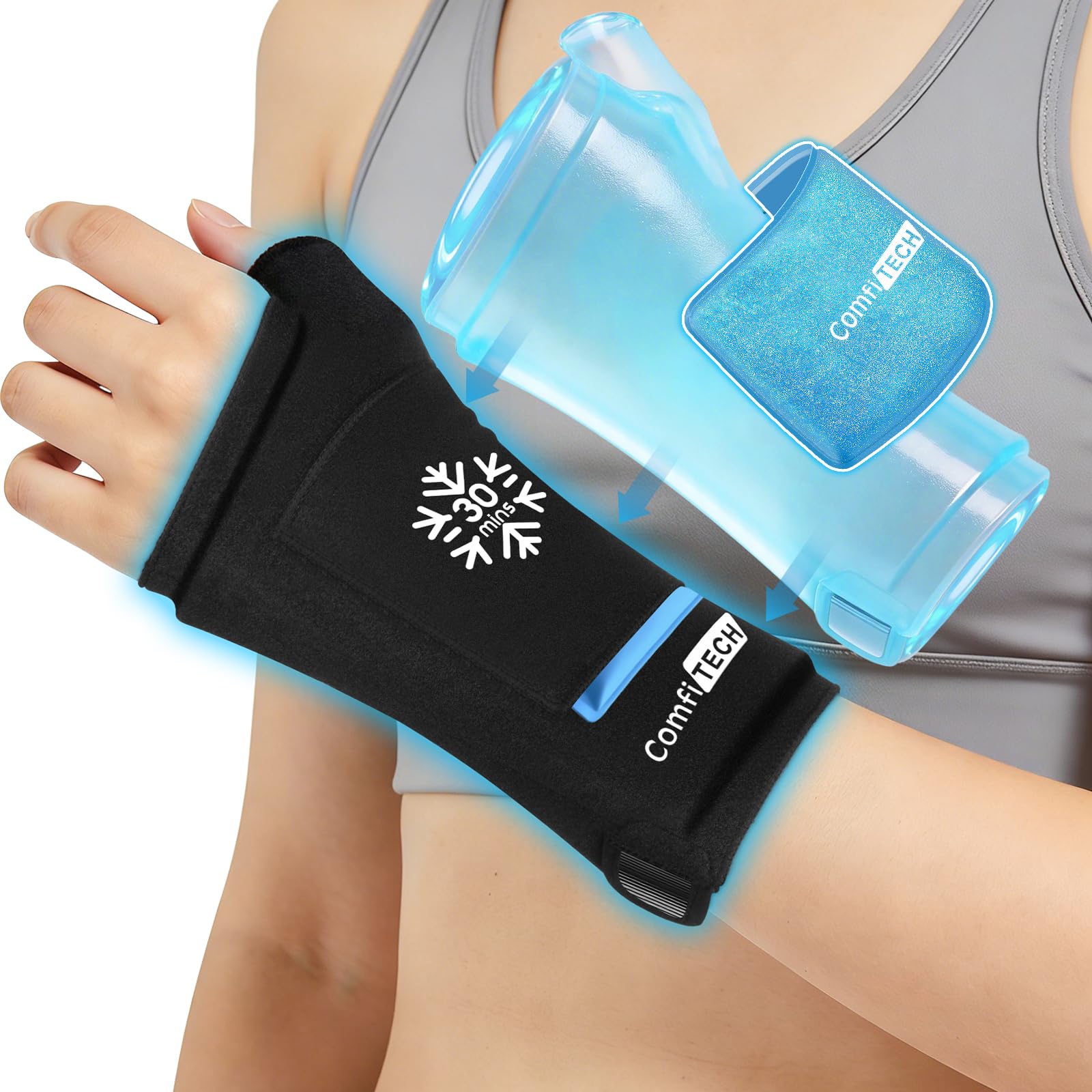 ComfiTECH Dual-Gel Wrist Thumb Ice Pack Wrap with Extended 30-Min Cooling Wider Coverage for Forearm Detachable Cold Pack