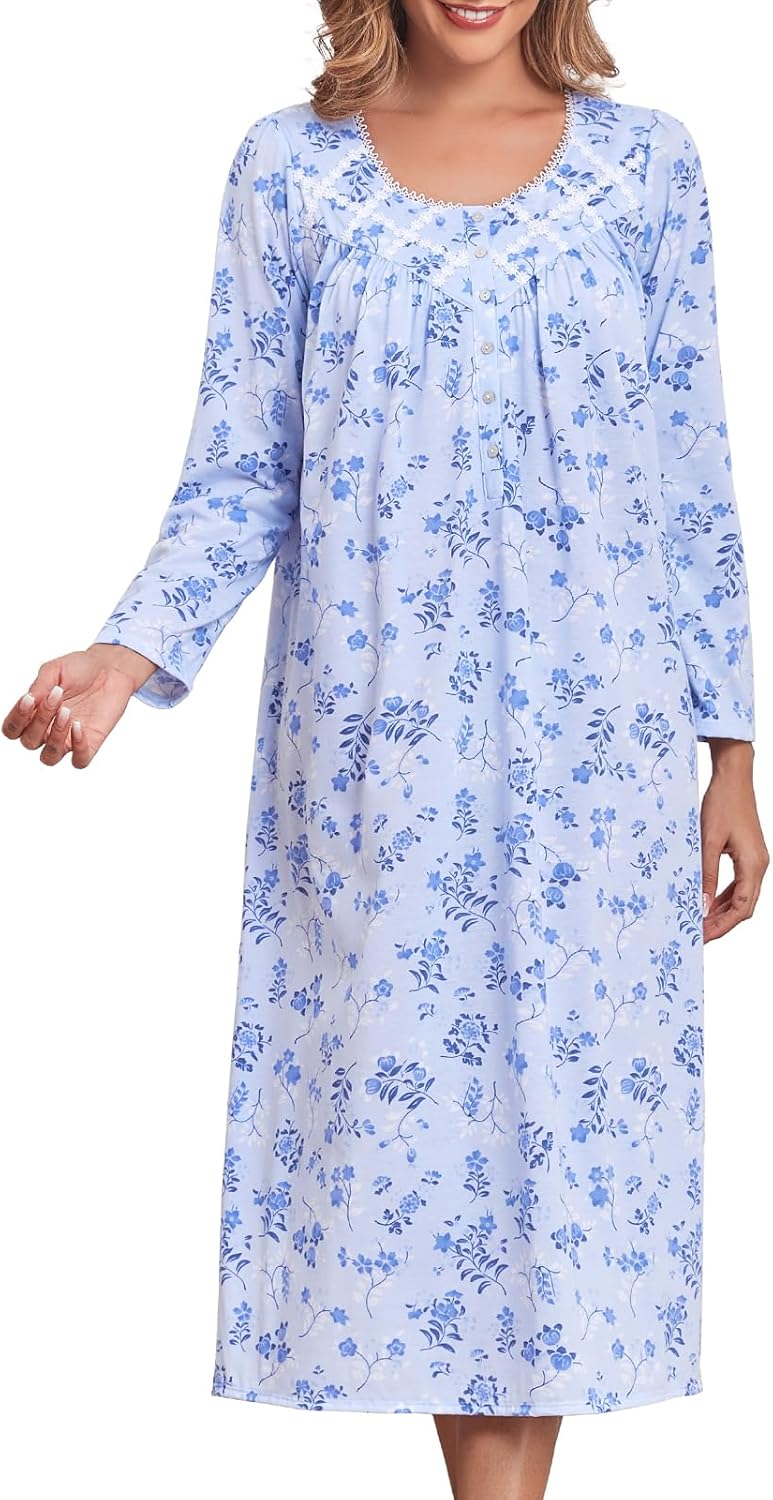 JRYNOEU Cotton Nightgowns for Women Long Sleeves Sleepwear Full Length