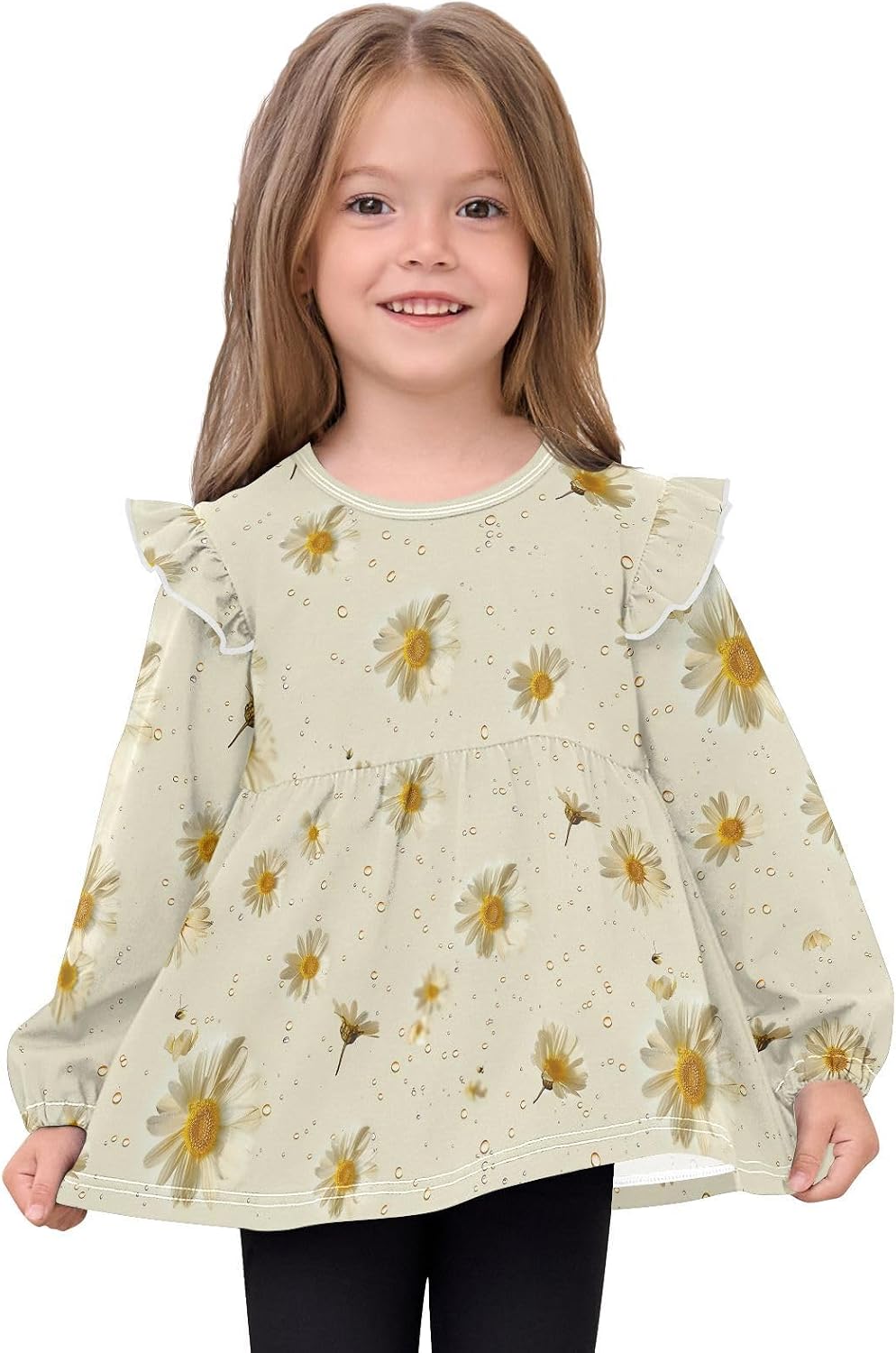 visesunny Toddler Clothes for Girls Water Drop Daisy Plant Long Sleeve Fall Shirts Cotton Top with Ruffle Collar