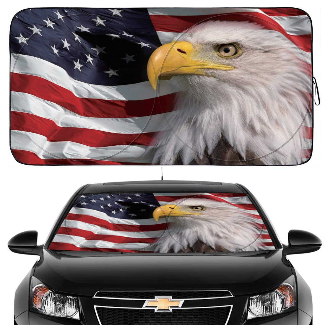 Photo 1 of Gven Windshield Sun Shade, Car Front Window Shades Cute Sunshade Windshield Cover Sun Visor US FLAG Large