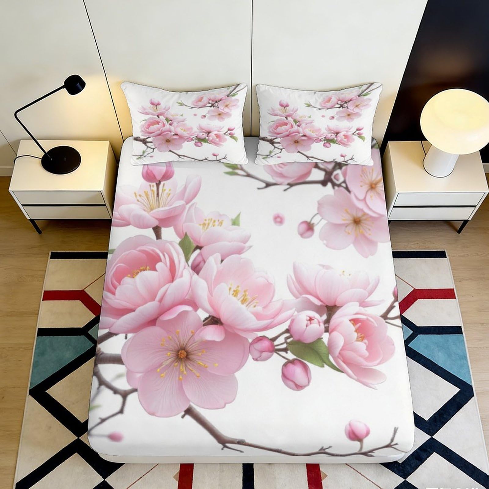 3D Printed Pink Peony Blossom Fitted Sheet Microfiber Soft Mattress Cover for Bedroom Guest Room Dustproof Decor 90x200x25cm