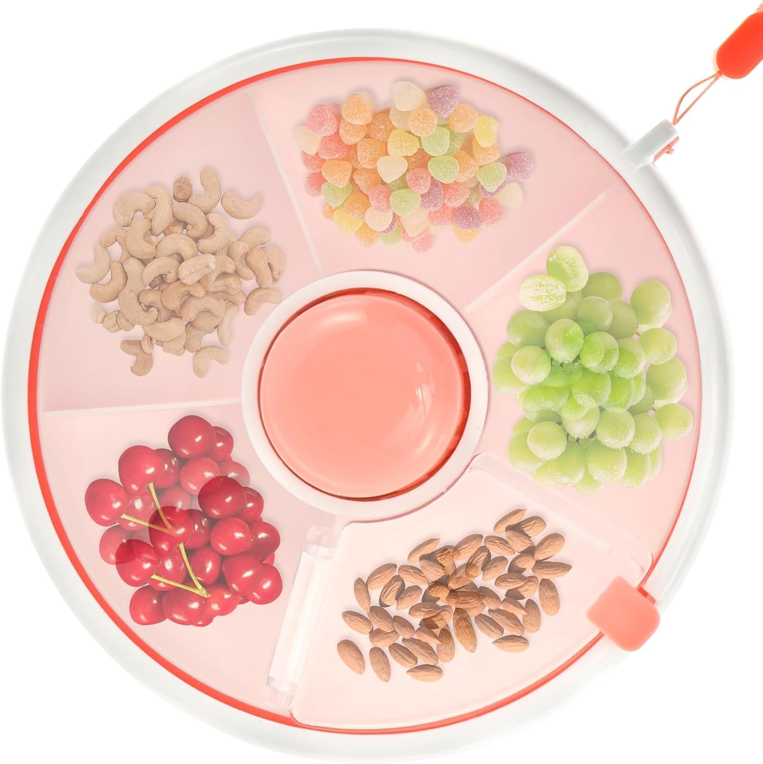 Spinner Snack Box with Hand Strap 18cm 5 Compartments Portable Snack Serving Tray Divided Kids Snack Container for Picnic Travel Candy Nut " (pink)