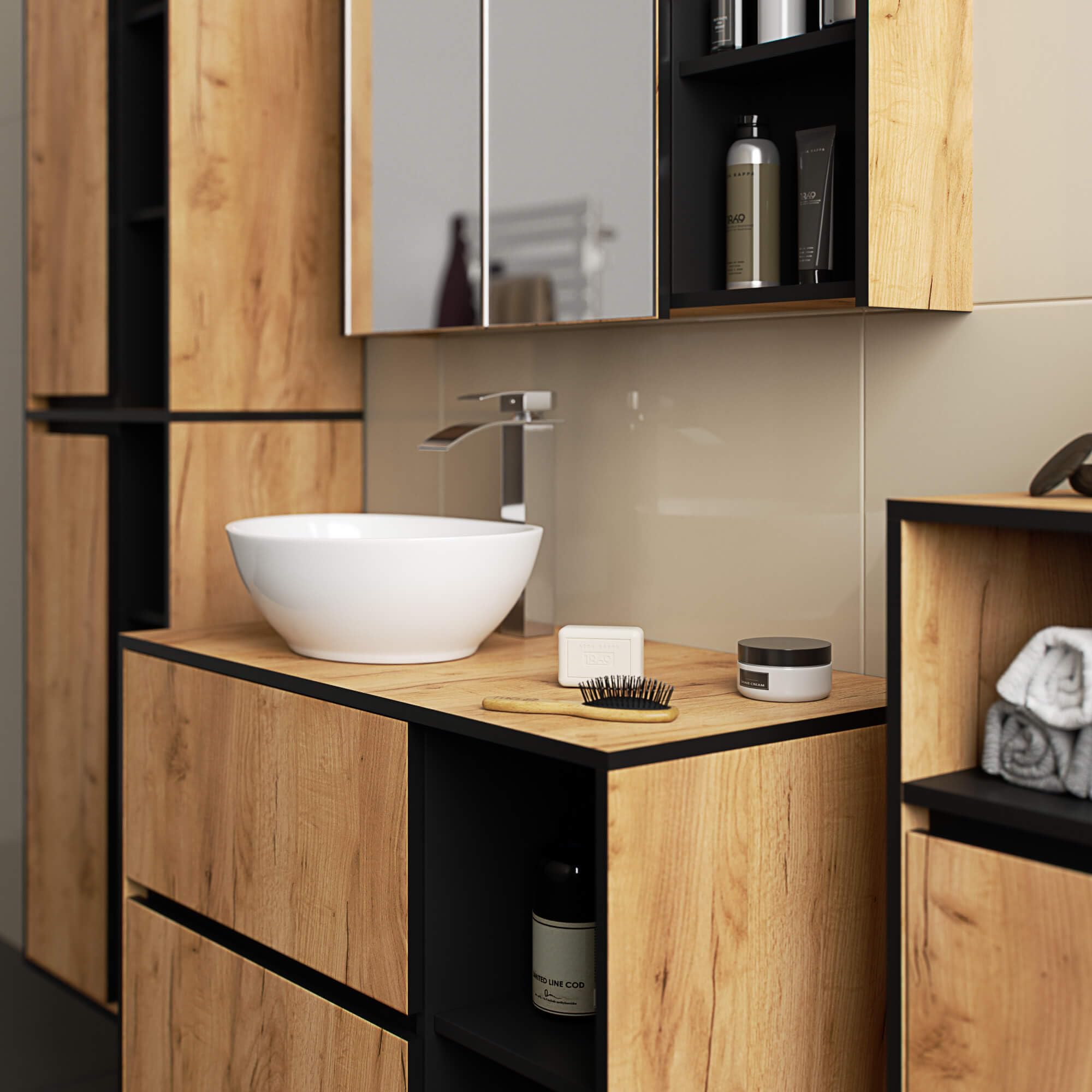 AKORD Mobile Bagno con Specchio VAMI 90 cm - Pensile Bagno Specchio Contenitore 2 Ante, 6 Ripiani - Spazioso - Robusti e Resistenti all'Umidità - 90x75x15 cm - Rovere Artigianale & Nero