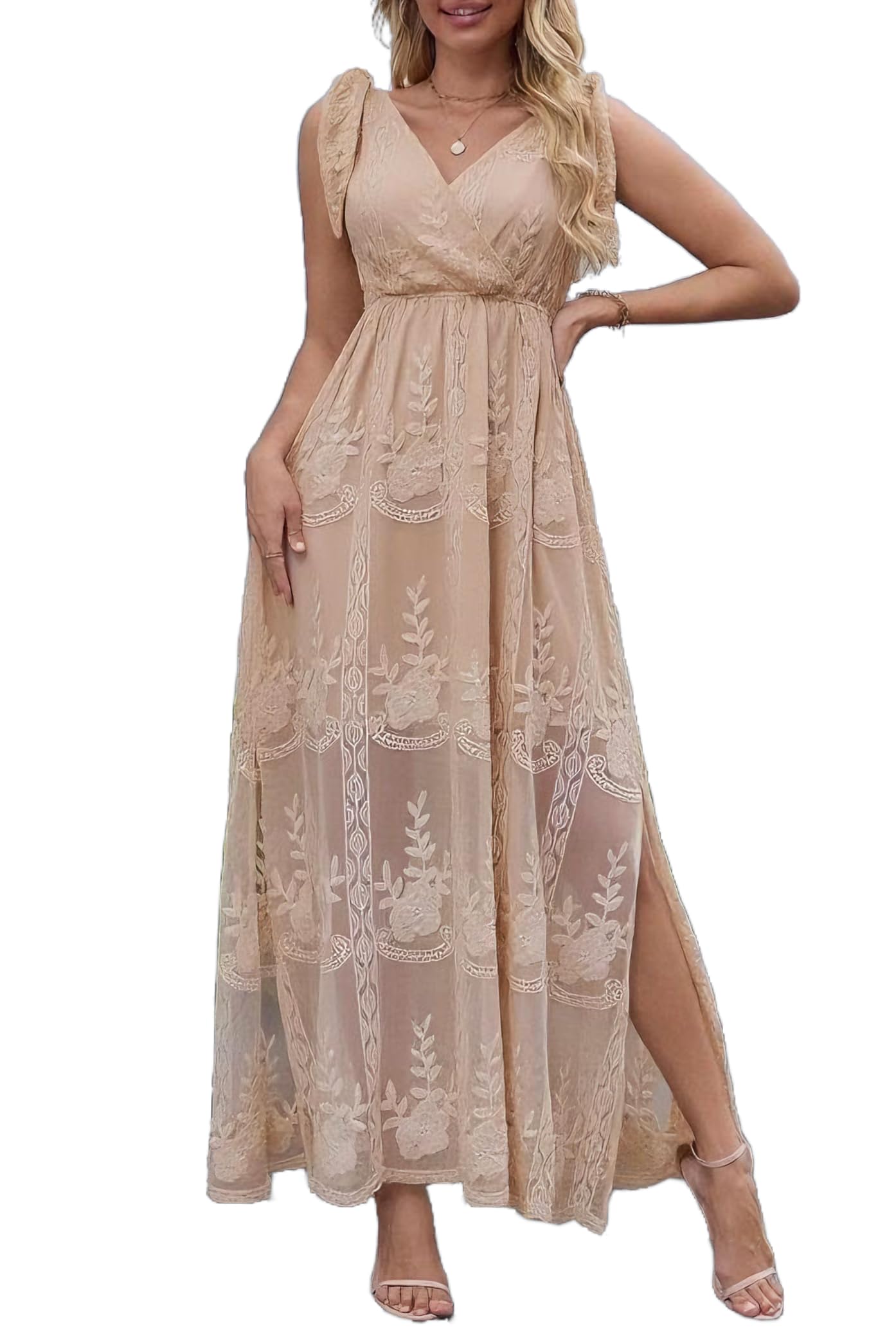 Women's V Neck Tie Strap Embroidered Lace Maxi Wedding Dress Boho Sleeveless V-Back Wedding Guest Party Dresses