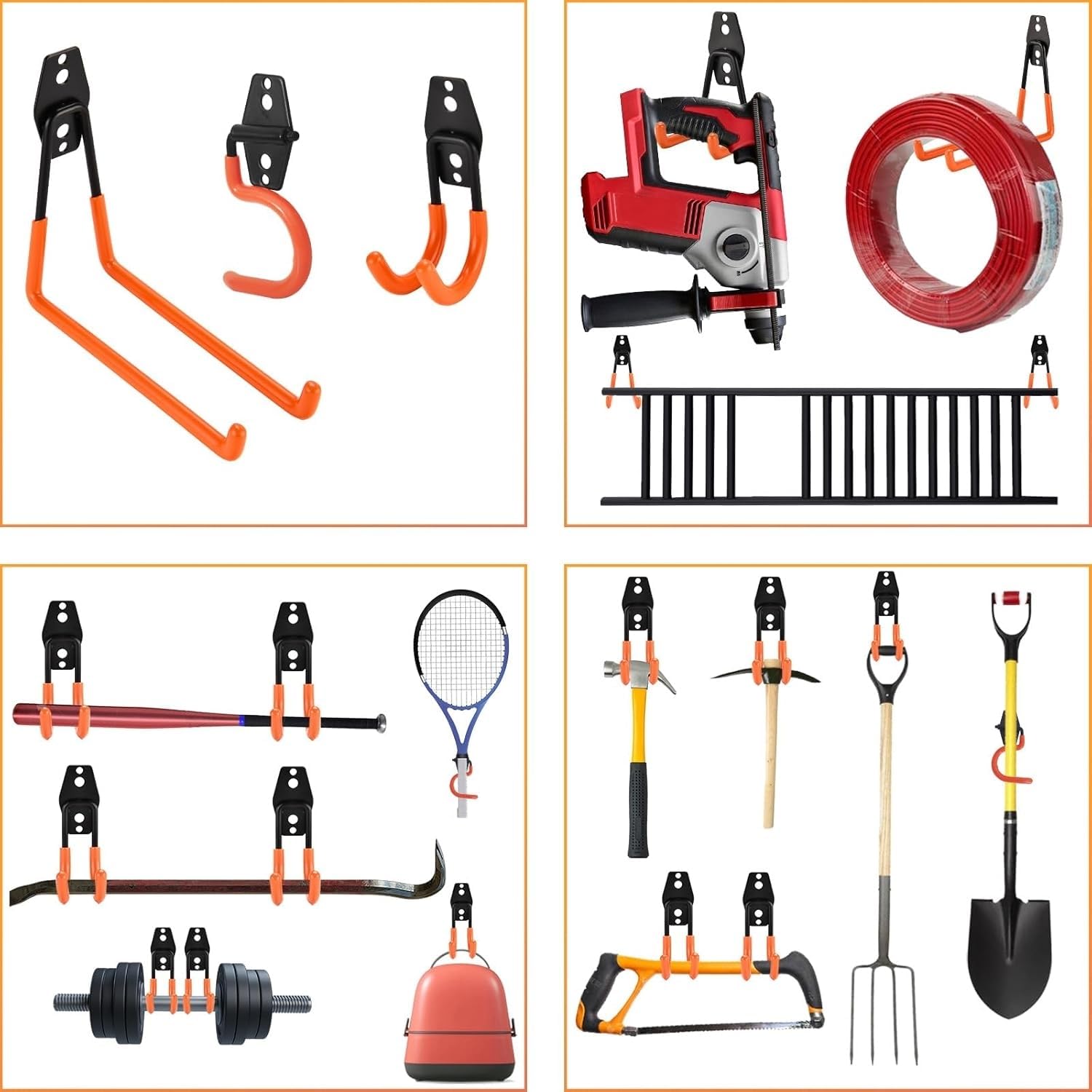 Lot de 24 crochets de garage en acier robuste pour rangement de garage, support mural pour vélos, outils de jardin, échelles, articles en vrac, cordes et autres équipements