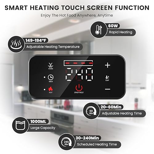 Miniatura 4 de Fiambrera eléctrica para adultos  Calentador de alimentos autocalentable recargable de 60 W con recipiente de acero inoxidable de 1.0 L, lonchera