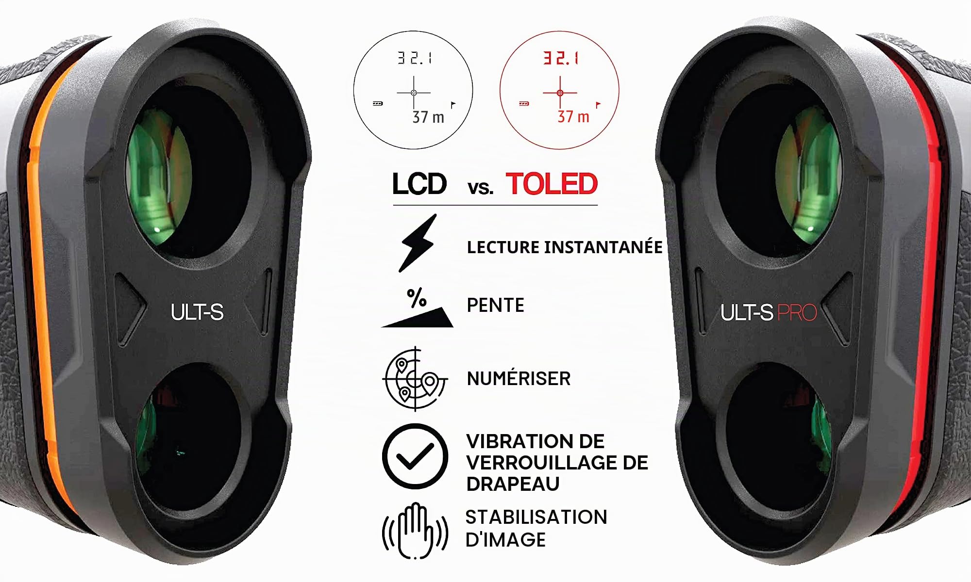 TecTecTec ULT-S (Pro) Télémètre de Golf avec Stabilisation Optique et écran Rouge tOLED optionnel Slope, Pente, Mode Brouillard, Recherche Drapeau