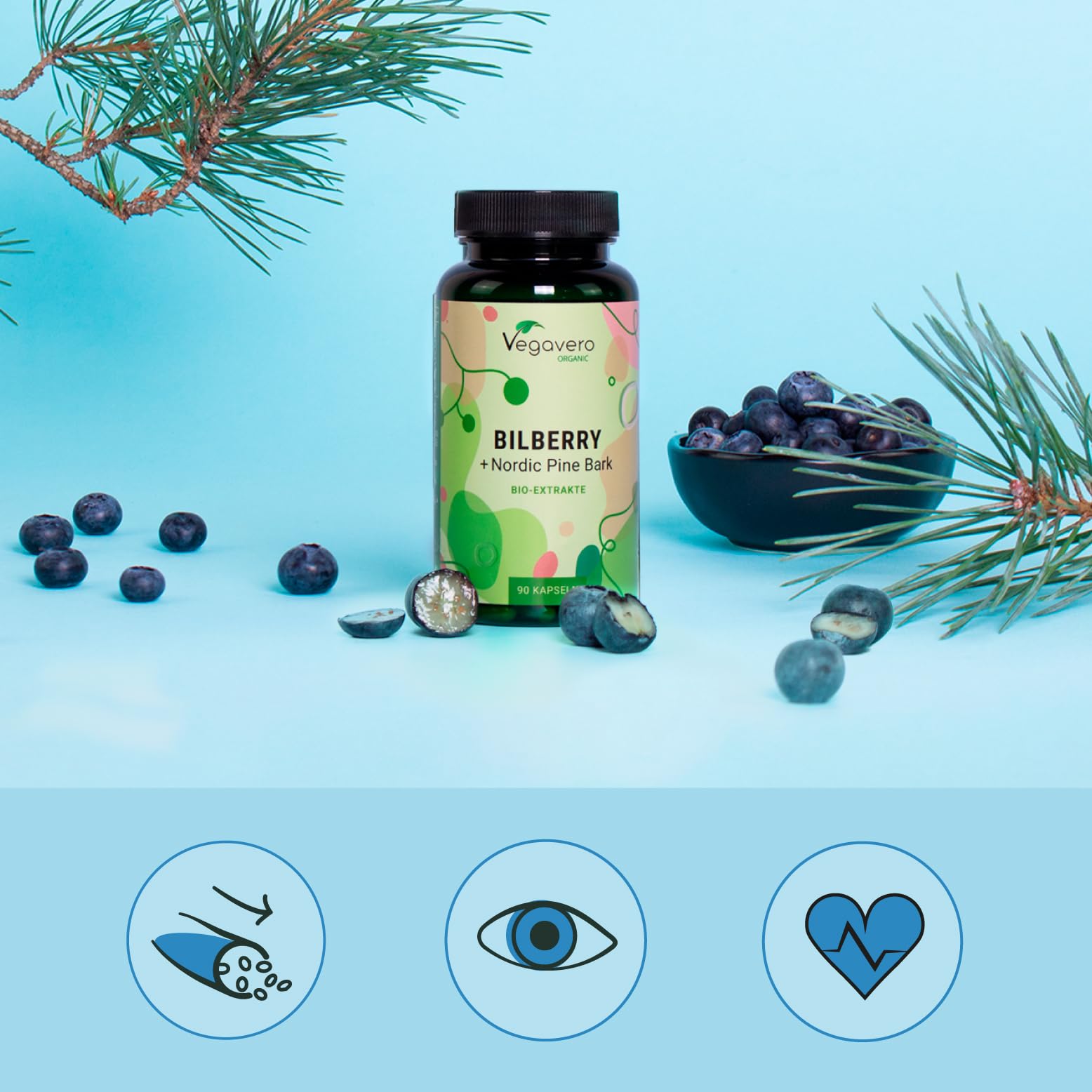 MIRTILLO NERO BIO Vegavero® | L’UNICO BIOLOGICO | con Corteccia di Pino | Benessere del MICROCIRCOLO e della VISTA | 90 capsule | Bilberry | Vegan
