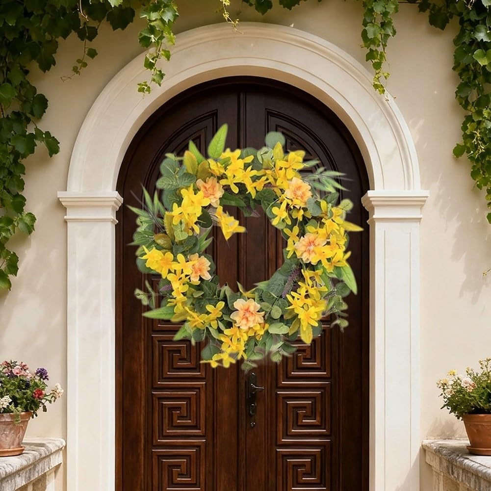 Corona primaverile estiva 55 cm eucalipto per sfondo matrimonio | Foglie di eucalipto realistiche, osmanto giallo vibrante, primavera estate per atmosfera, diametro 55 cm