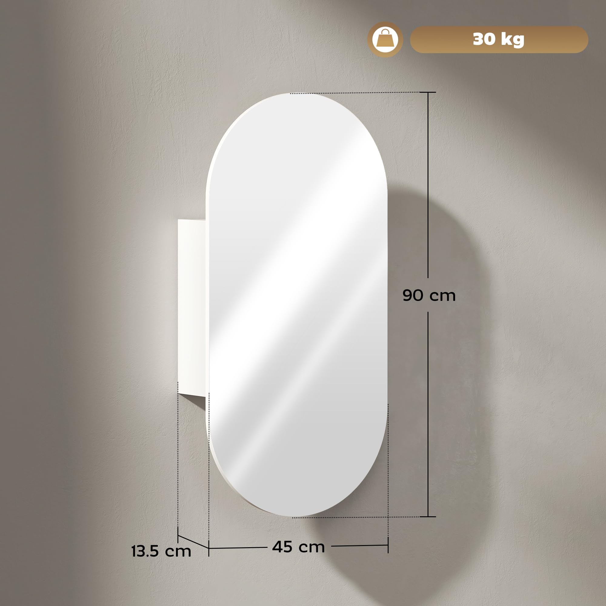 HOMCOM Specchiera Bagno Ovale con Armadietto, Specchio Contenitore Bagno Moderna a Parete con Due Ripiani Salvaspazio, 45x90 cm, Bianco