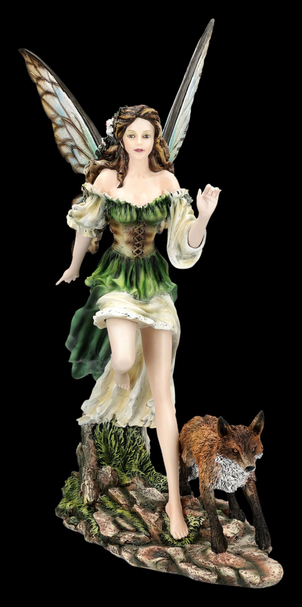 Figuren Shop GmbH Elfenfigur – Waldelfe Aelwen mit Fuchs – handbemalte Fantasy-Deko (40,5 cm) – Tales of Aurelion Collection – Geschenkidee für Elfen- & Naturfreunde