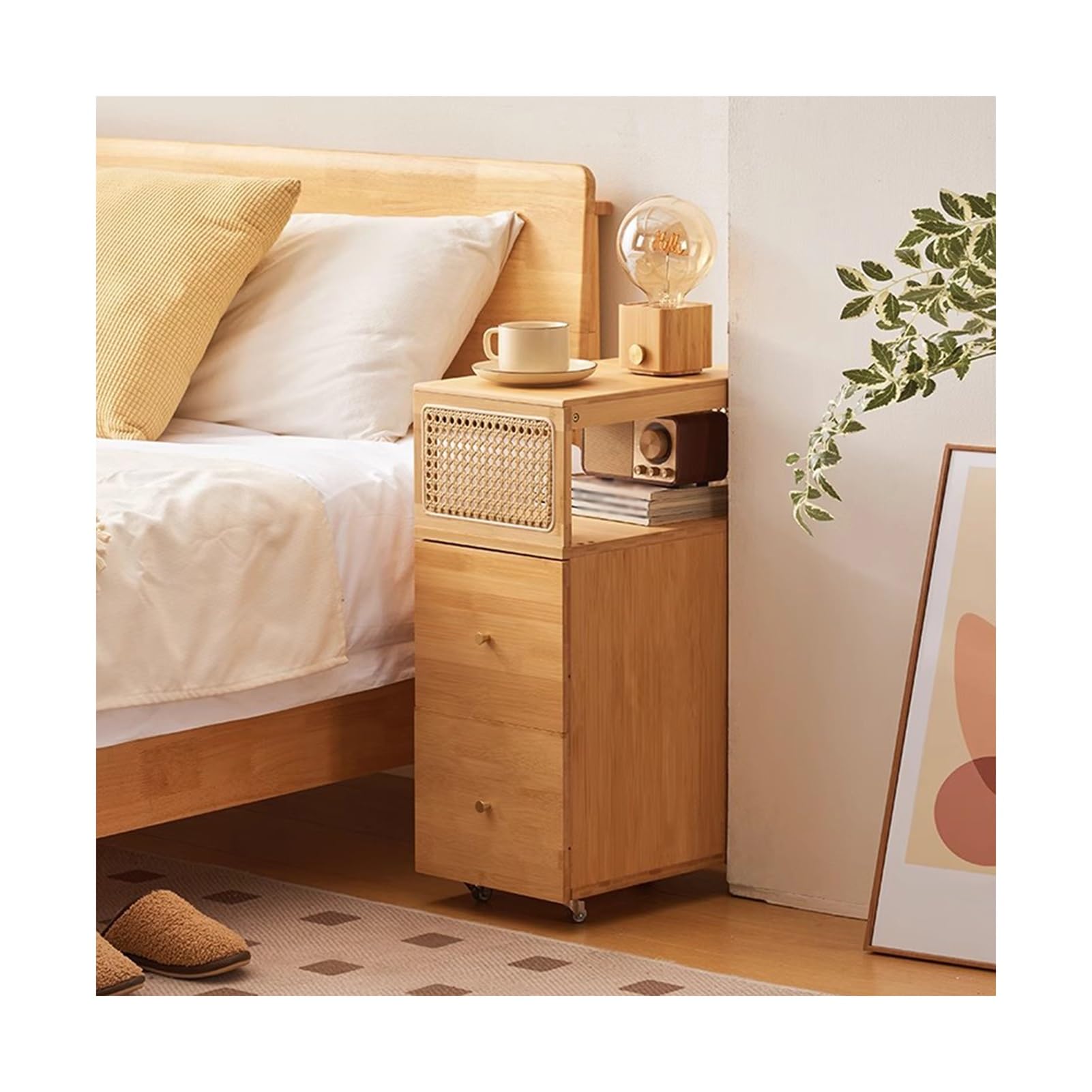 Mesita De Noche Estrecha De Madera Maciza con Ruedas Universales Y Cajones para Dormitorio, Sala De Estar Y Dormitorio.