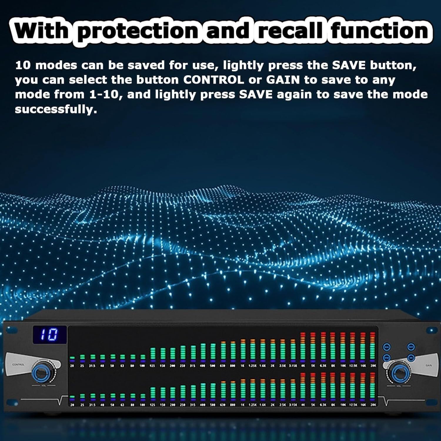 Ecualizador estéreo Procesador de Audio con Ecualizador gráfico Dual, Ecualizador gráfico estéreo Digital de 31 Bandas con Pantalla de Espectro LED