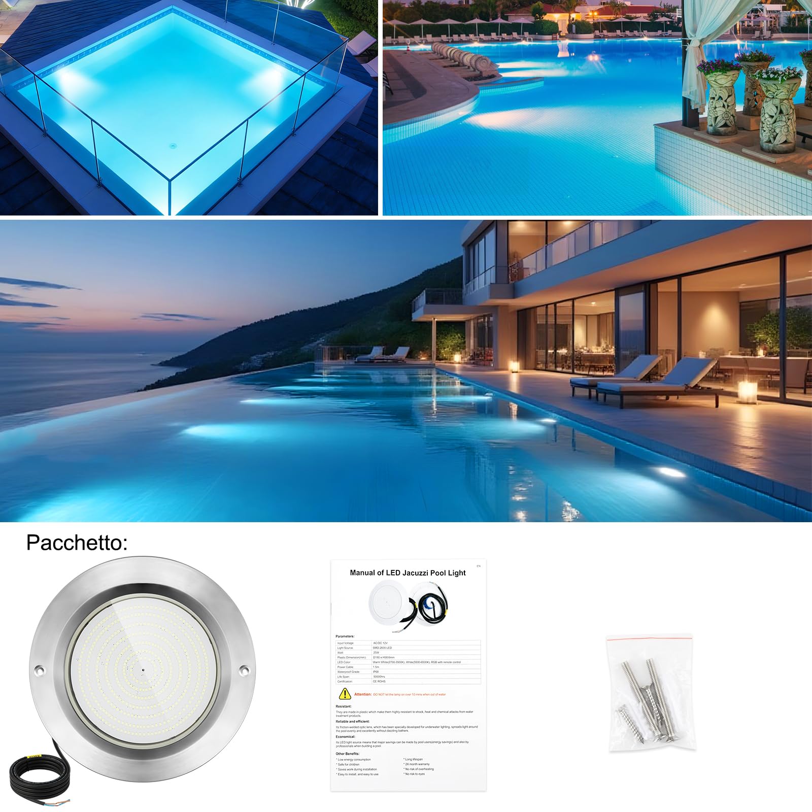 COOLWEST Luce Piscina LED Riempito di Resina, 36W Bianco Freddo Faretti LED Illuminazione ultrapiatta Acciaio inossidabile, Luci Piscina IP68 Impermeabile, 12V DC, 6000K, Montaggio Superficiale