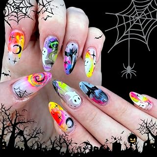 Halloween Press on Nails Medium Almond Fake Nails with Designs White Ghost Bat Spider Web Rainbow Gradient Glue on Nail 24 Pcs Natural Reusable Colorful Acrylic Nail for Women WYFHDT