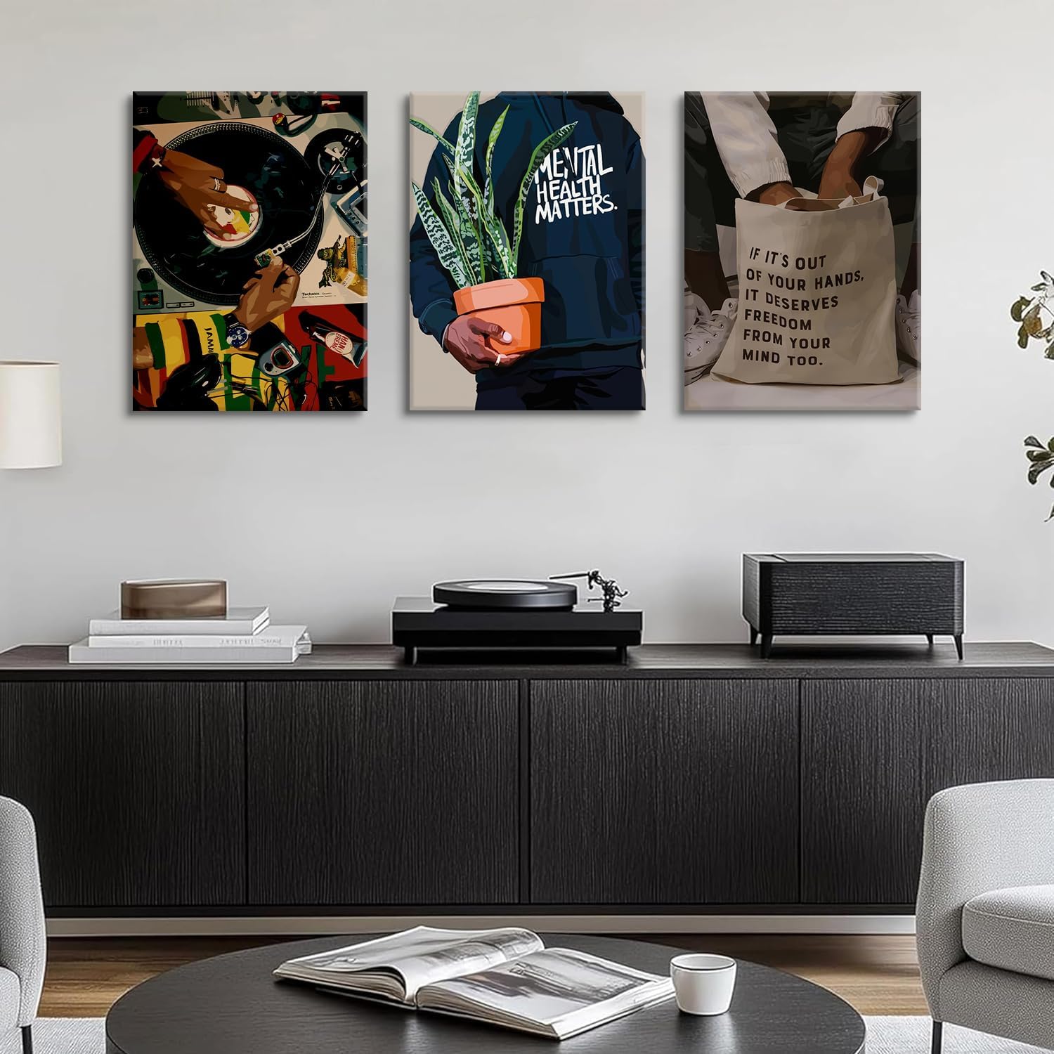 3 pcs Black Men Canvas Wall Art Fashion African American Black Man Prints Record Music DJ Painting Pictures Wall Decor Mental Health Artwork for Living Room Bedroom Home Decor 12x16 in canvas