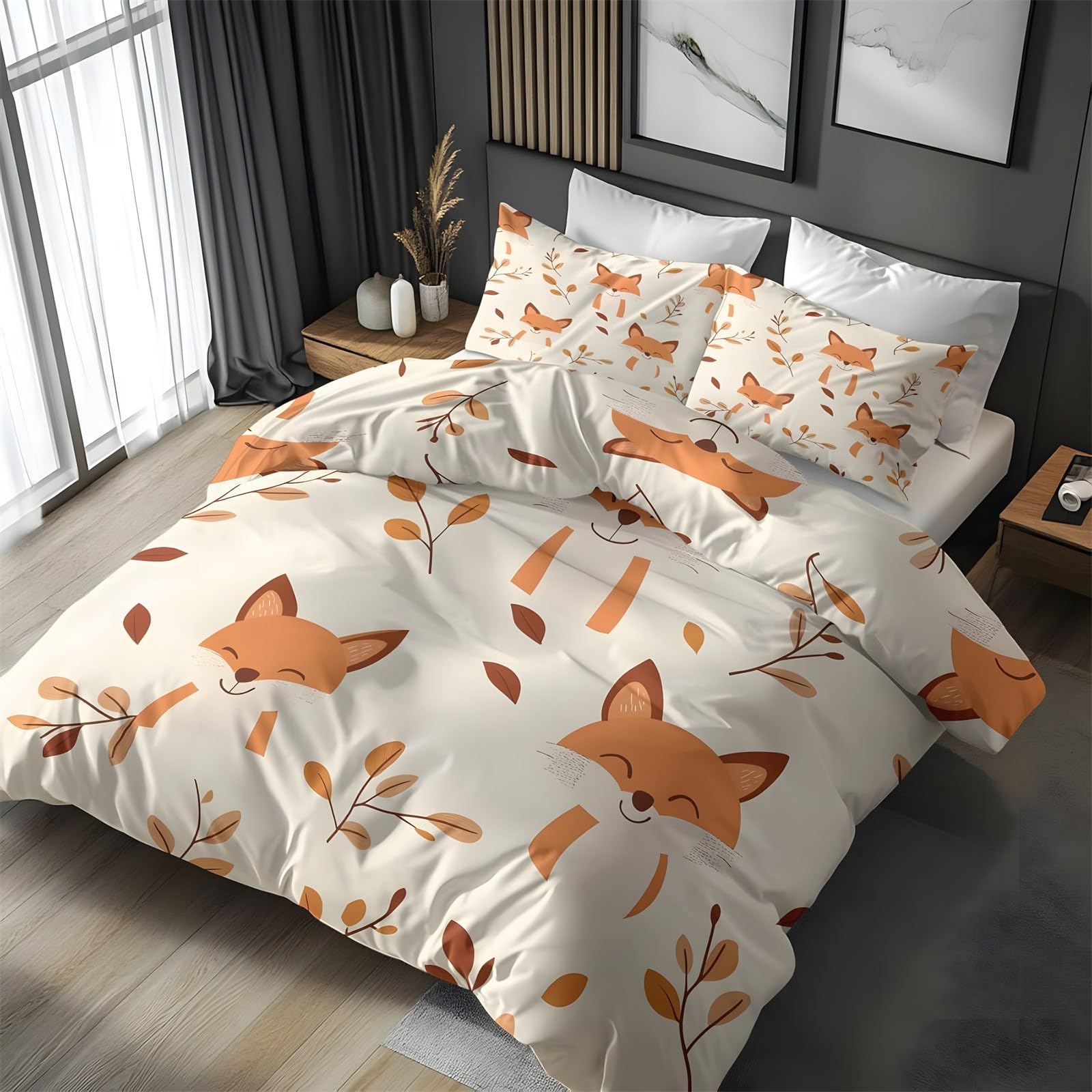 Ypthriline Super King Duvets Set Foxes Bedding Set Microfiber Autumn Leaves Duvet Covers with Pillowcases Reversible Bedding With Zipper Closure 260x220CM
