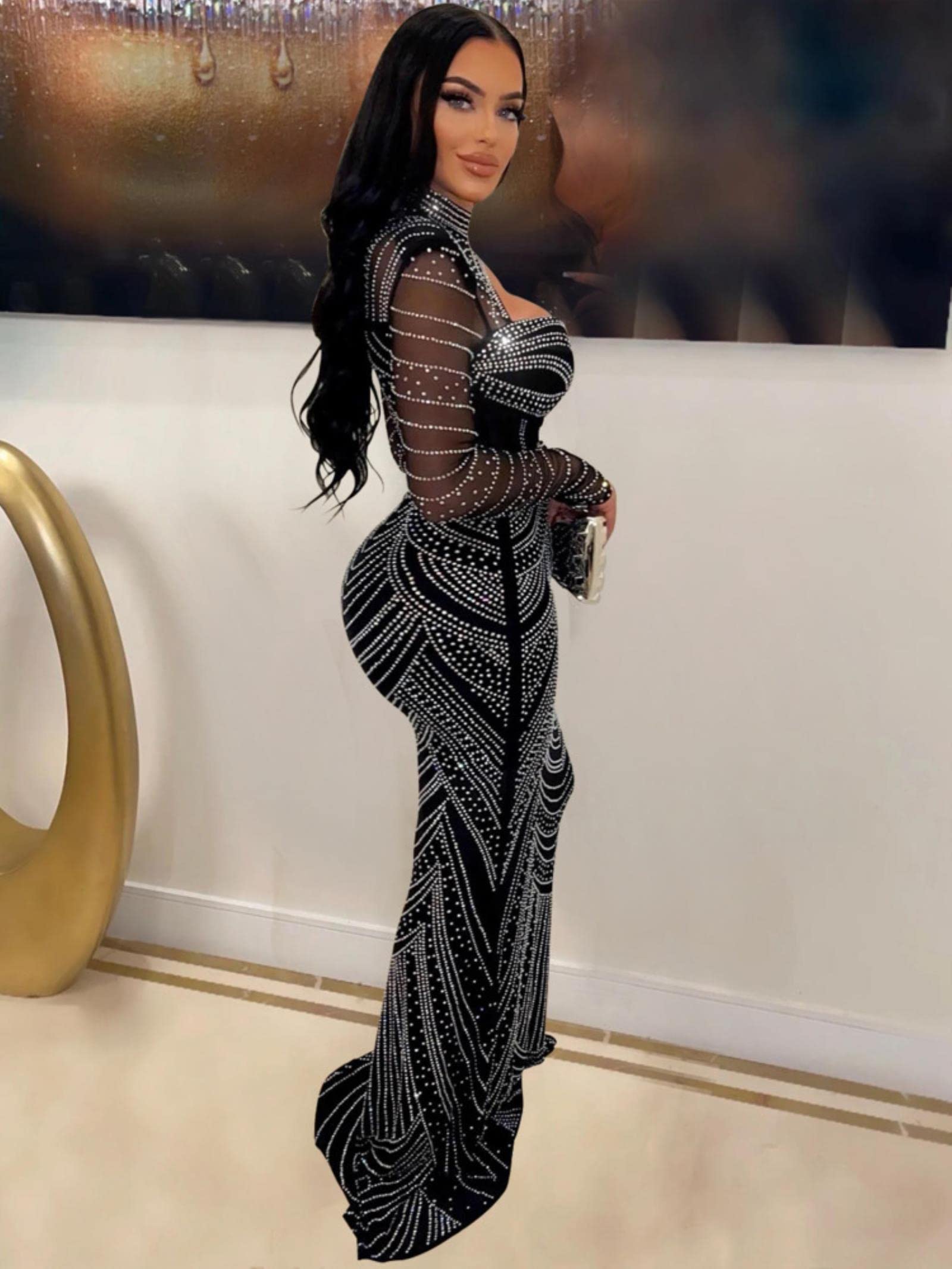 YANGQI Diamond Mesh Hollow Out Party Maxi Dress For Women Gown Autumn New  Elegant Full Sleeve Club Evening Dress-C6170 Blue,XXL : Amazon.co.uk:  Fashion