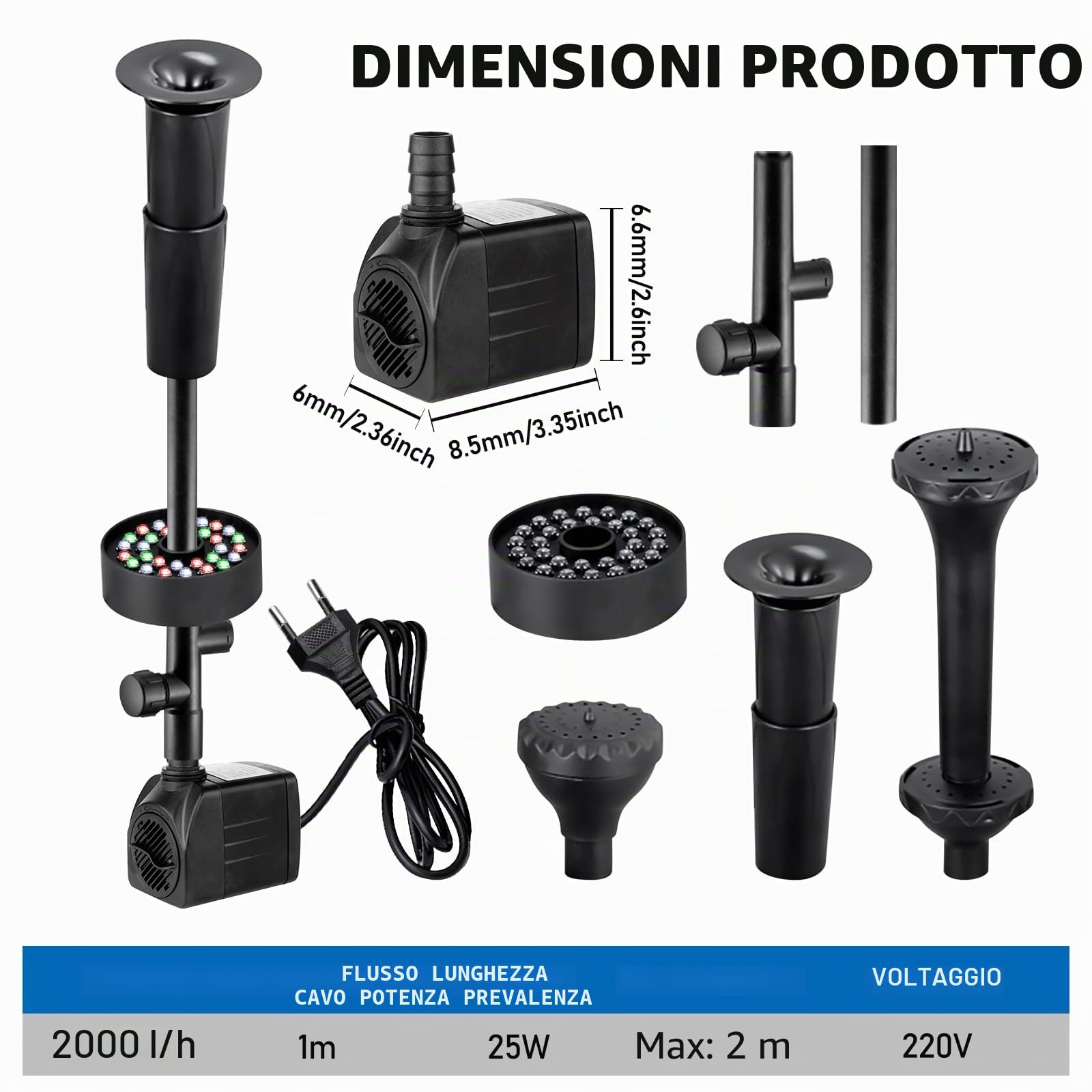 PORFOYO Pompa per fontana esterna 220 V, pompa per laghetto con filtro, pompa per fontana, piccola con luce, pompa per giochi d'acqua, pompa per laghetti, laghetti, fontane silenziose, 2000 l/h 25 W