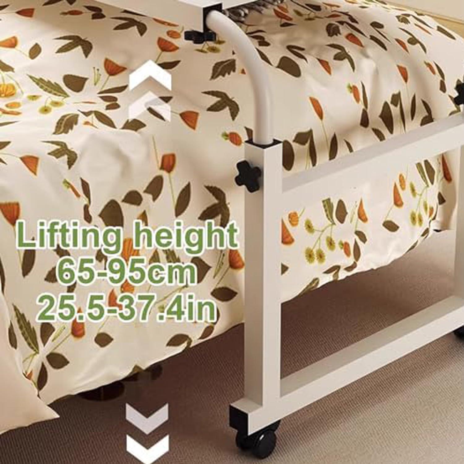 Mesas de Cama con Ruedas, mesas de Cama para Silla de Ruedas, portátil Grande, Bandeja de Desayuno Plegable, Escritorio de pie con Ruedas Ajustable con inclinación (Color: Blanco+)