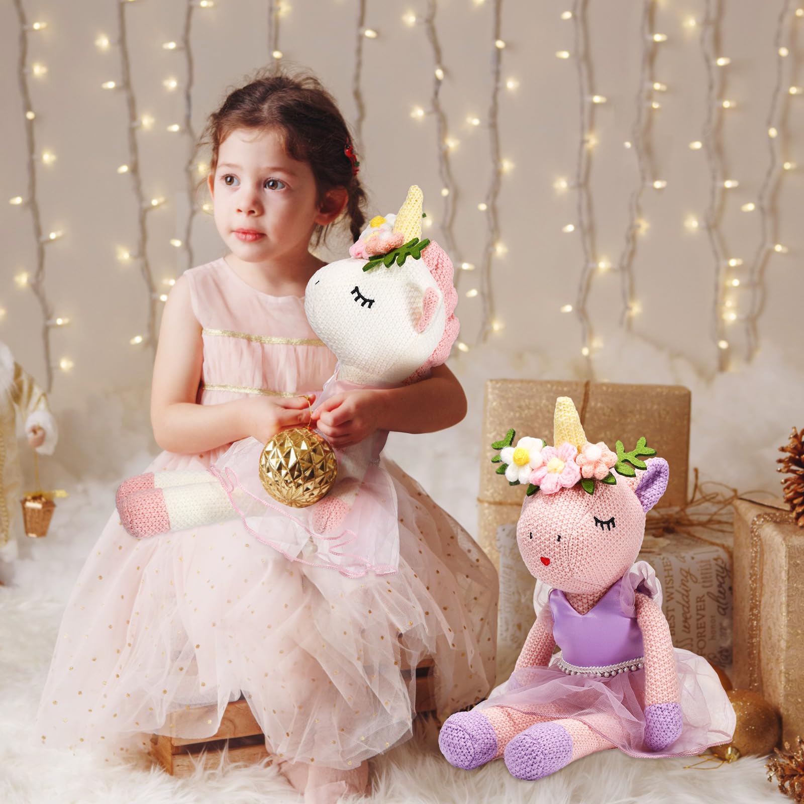 Meooeck 2 Pack Unicorn Ballerina Stuffed Animals - 16 Inch Plush Dolls With Removable Dresses In Pink & Purple