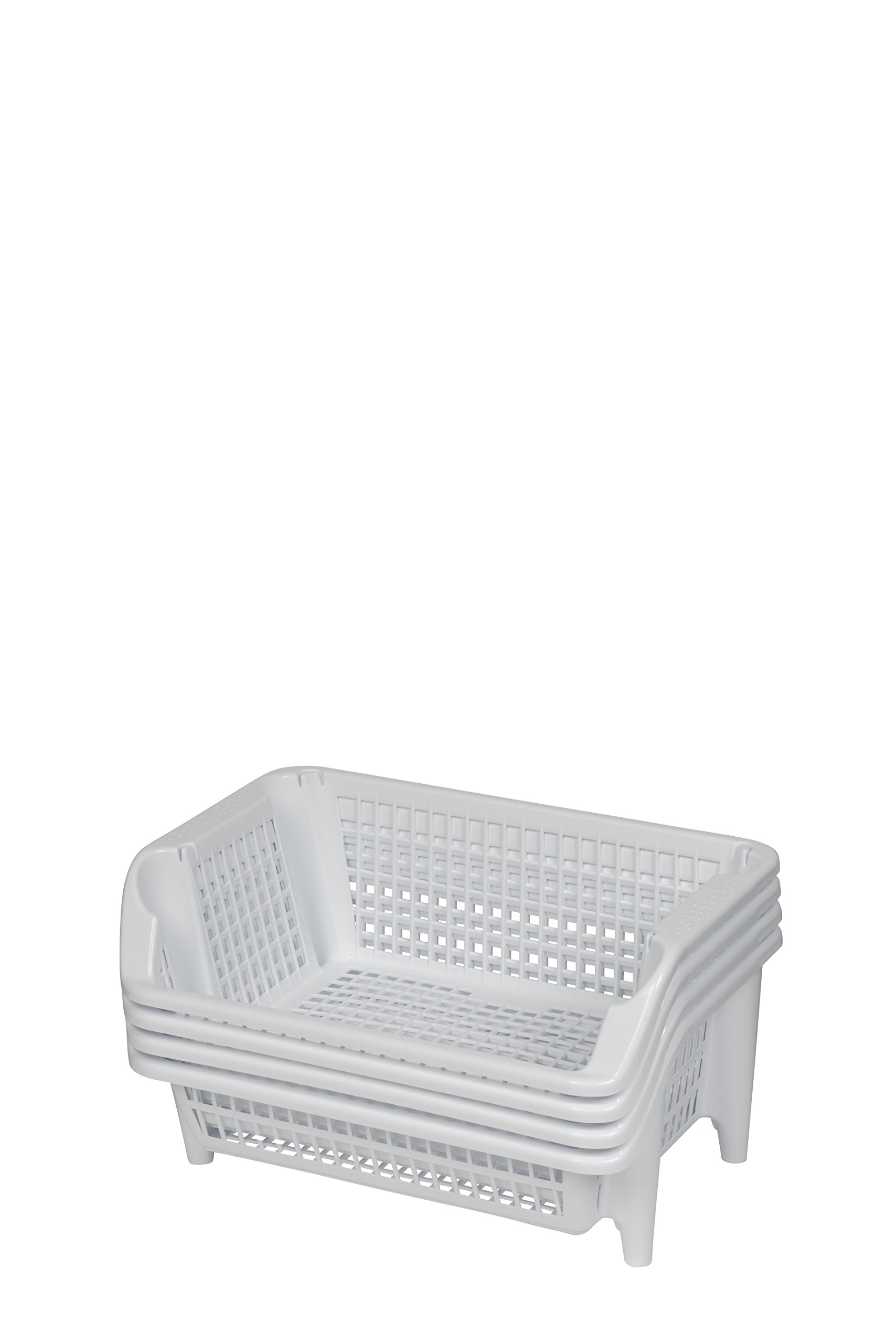 Scaffale composto da quattro cesti impilabili in plastica, colore bianco Impilabile e annidabile. Ampliabile a piacere. Dimensioni: 54,5 x 38 x 92 cm (LxPxH).