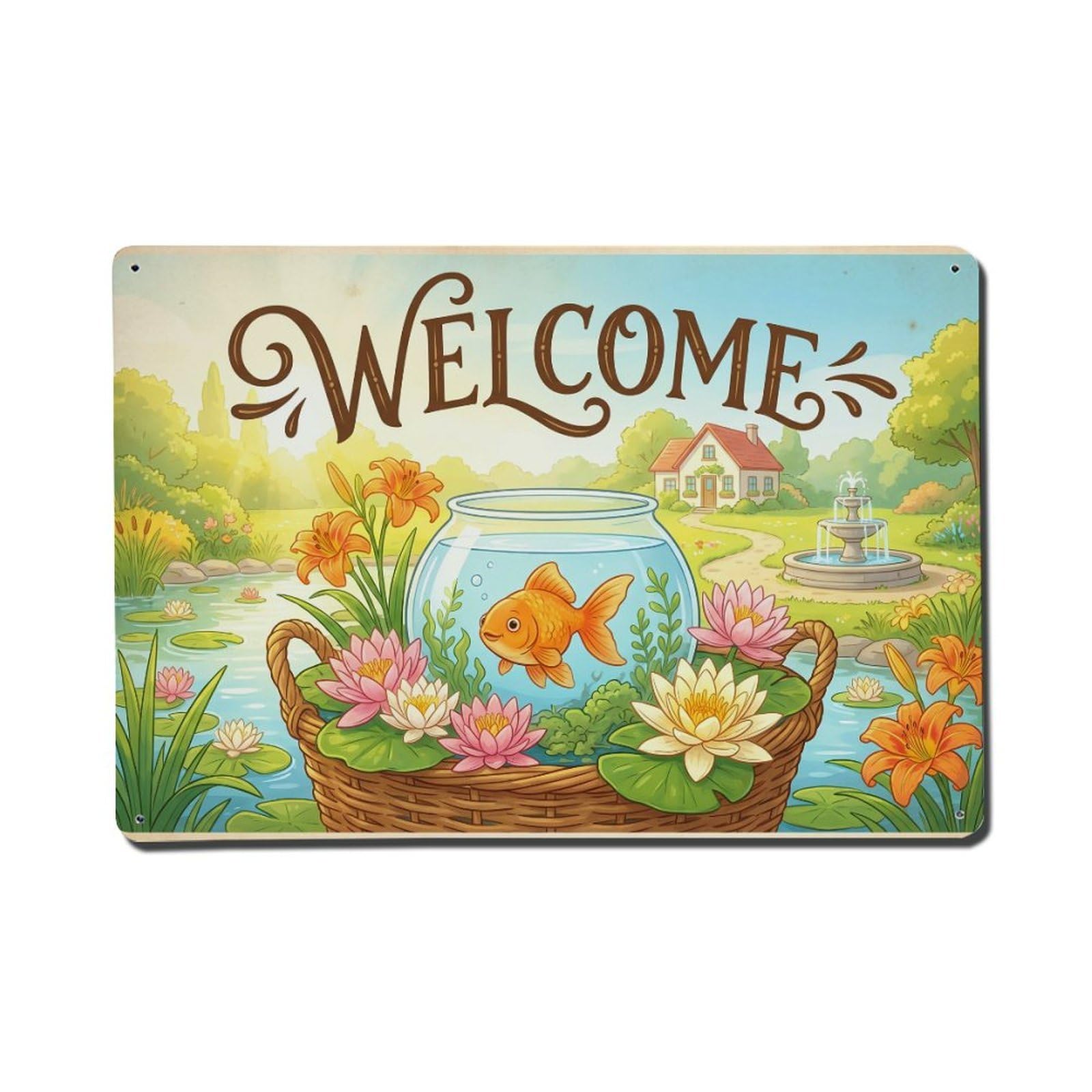 Vintage Welcome Goldfish Sweet Summer Metal Tin Sign