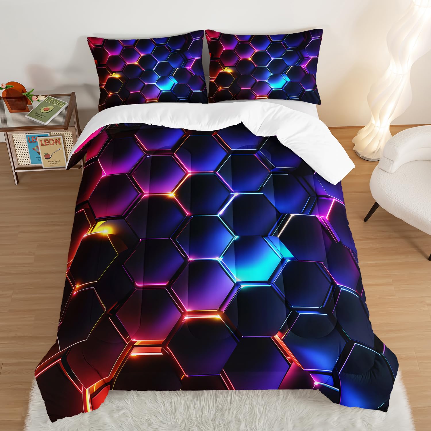 HOSIMA 3D Honeycomb Boys Comforter Set Full Size,Geometric Hexagon Pattern Bedding Set for Kids Teens Boys Room Decor,Purple Blue Neon Lights Full Size Comforter Sets for Boys with 2 Pillowcases.