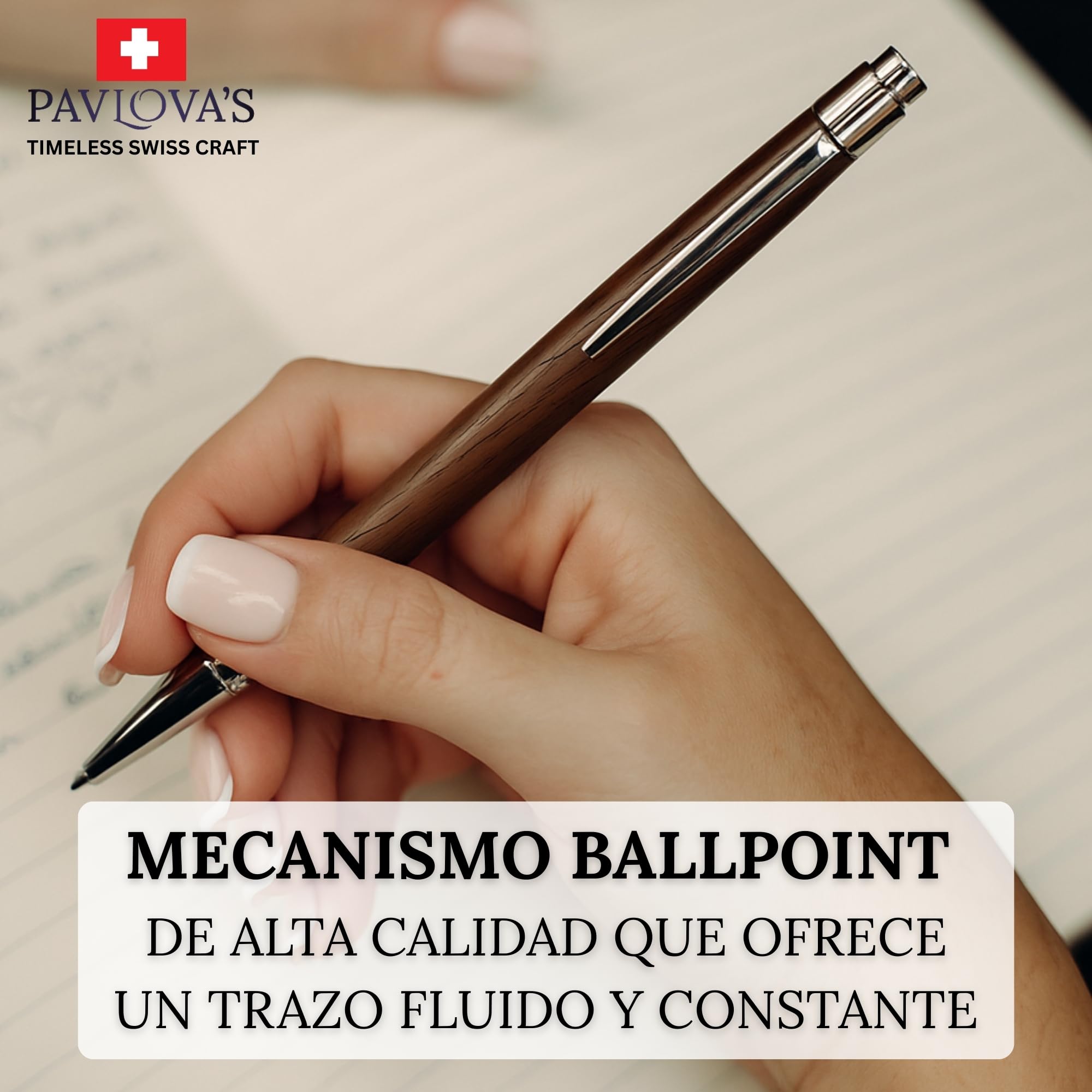 PAVLOVA’S Bolígrafo Nogal Suizo 14cm – Hecho a mano en Suiza – Madera maciza y núcleo de acero – Clic suave – Tinta Negra y Recambio Azul – Estuche regalo – 10 años garantía – EDICIÓN LIMITADA