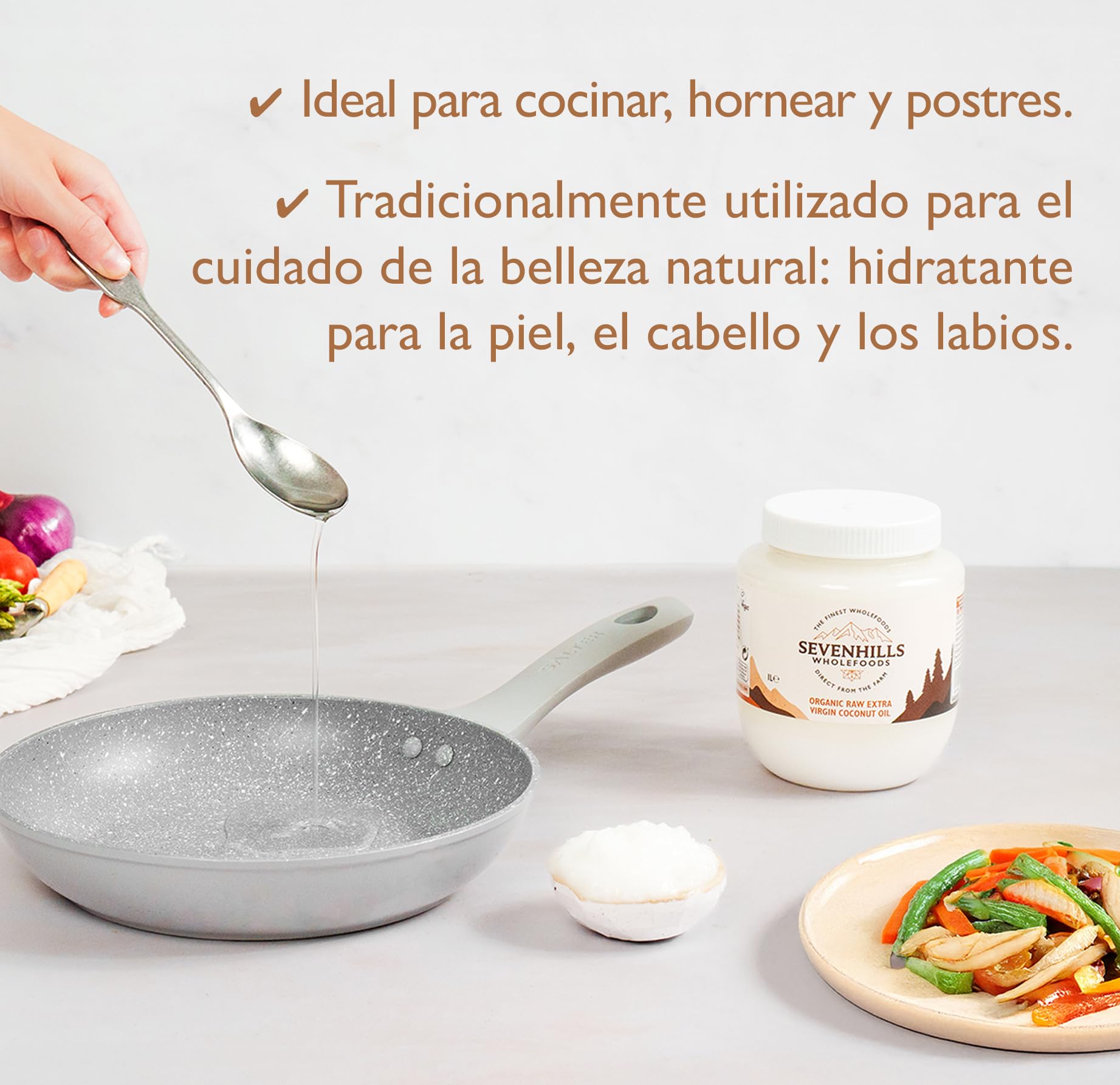 Sevenhills Wholefoods Aceite De Coco Virgen Extra Orgánico, Crudo, Prensado En Frío, Contenedor De Plástico 1L, para usos culinarios, de salud y belleza — view 3