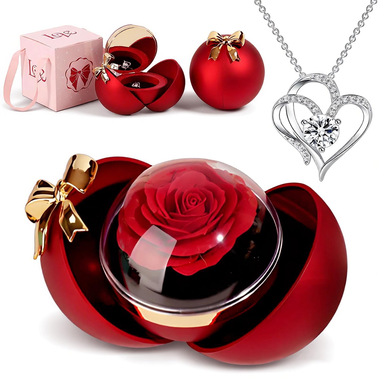 Rose éternelle de prestige avec bijoux, l'art du cadeau de Noël pour mère