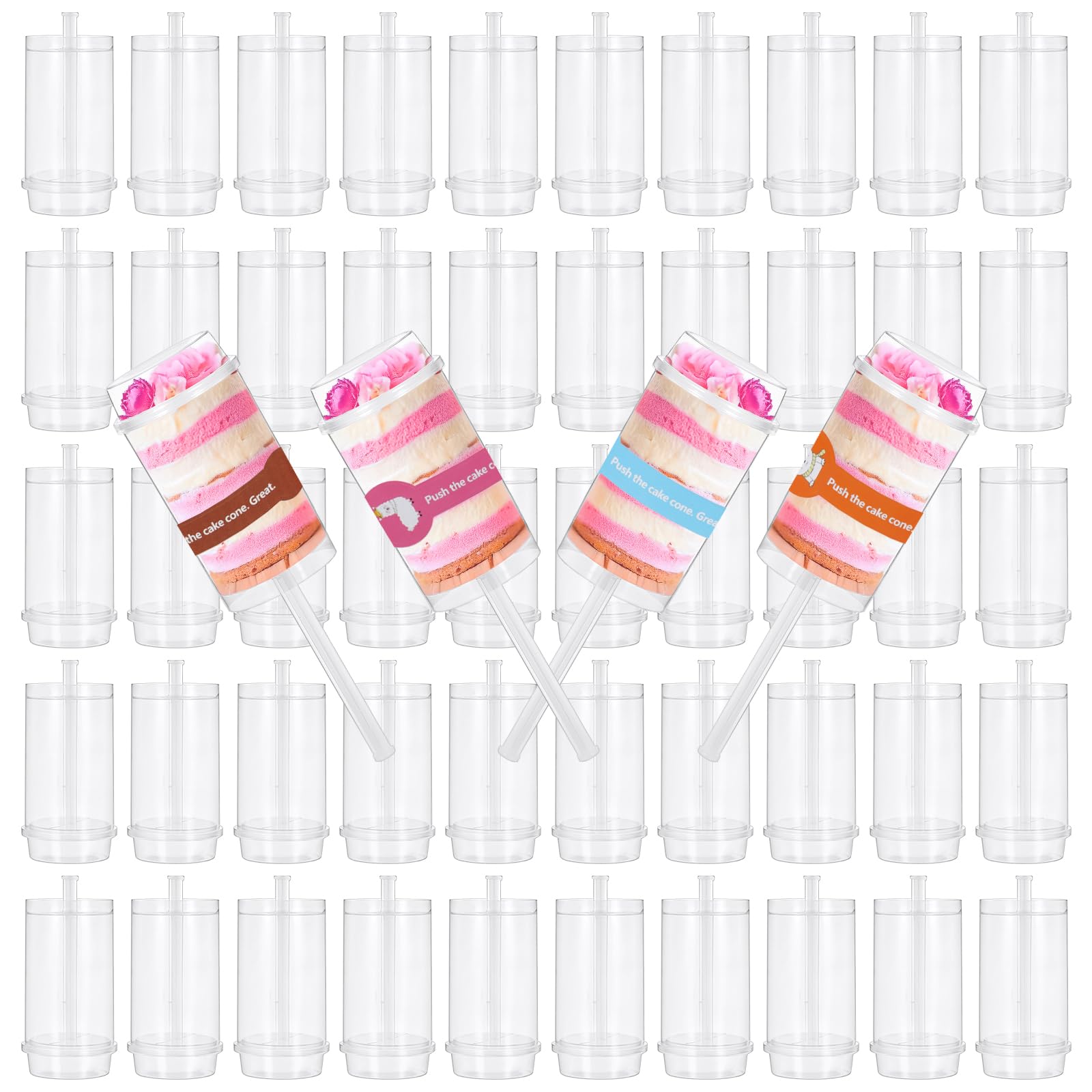 50 Pack Cake Push Pop Containers with Lids, Reusable Cake Push Pops, Muti-purpose Push Pop Cake Containers, Plastic Cake Push-up Pop Shooter for Cupcake, Confetti, Homemade Ice Cream, Desserts