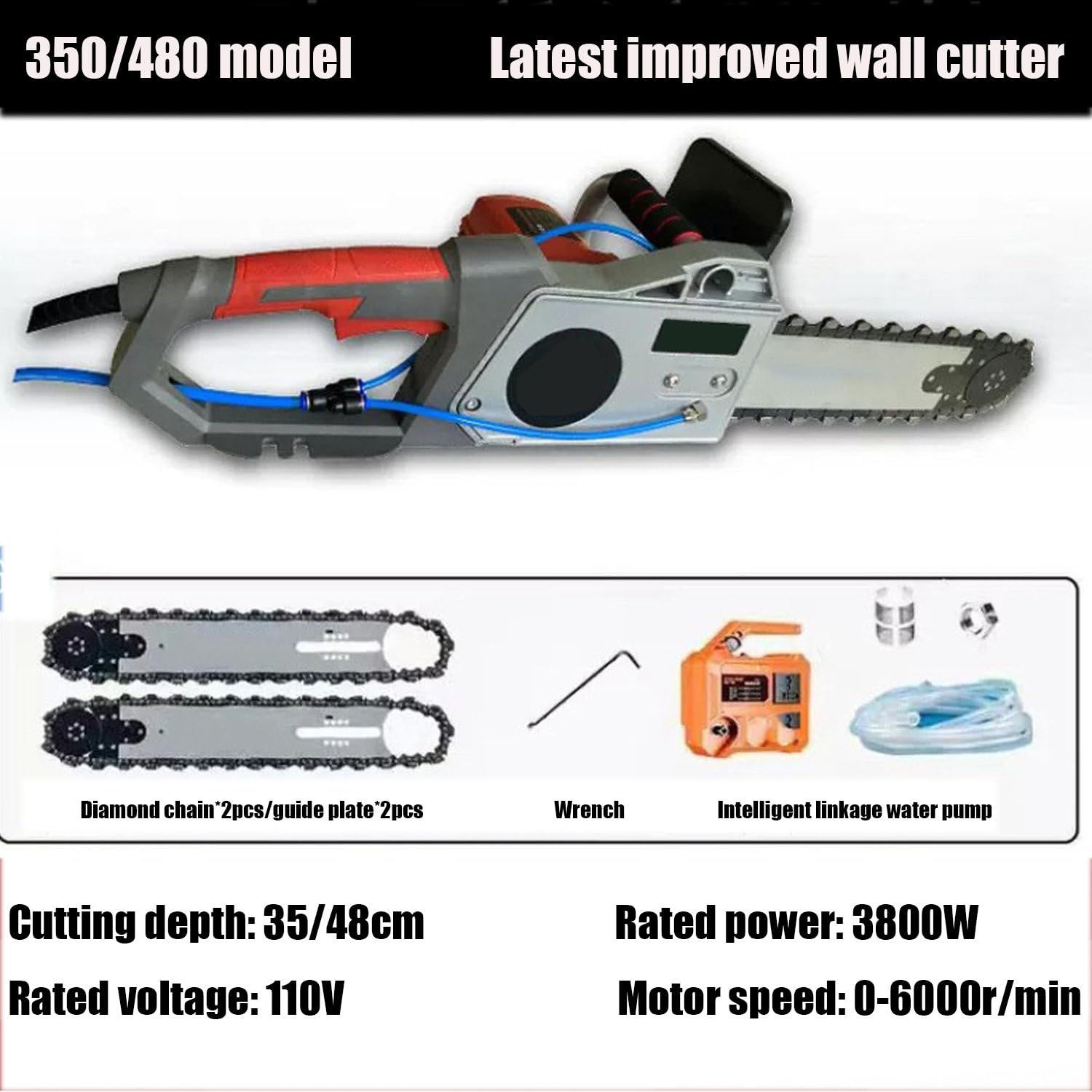 Motosierra eléctrica para hormigón, minimotosierra eléctrica de mano para cortar muros, cortadora de muros con cadena de diamante eléctrica, con supresión de polvo con alimentación de agua 350