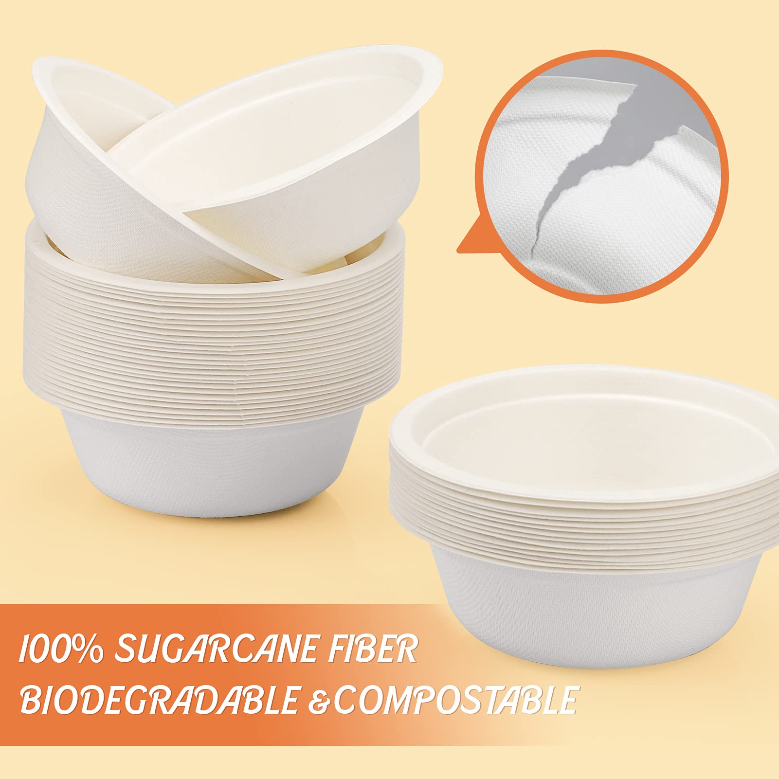 CaterCo Bagasse Sugarcane 12oz / 340ml Bowls - Strong, Disposable, Biodegradable, Compostable Eco-Friendly White Paper Bowl For Soup, Salad, Dessert, Party, BBQ - 12oz Bowls - 200 Pack - View #3
