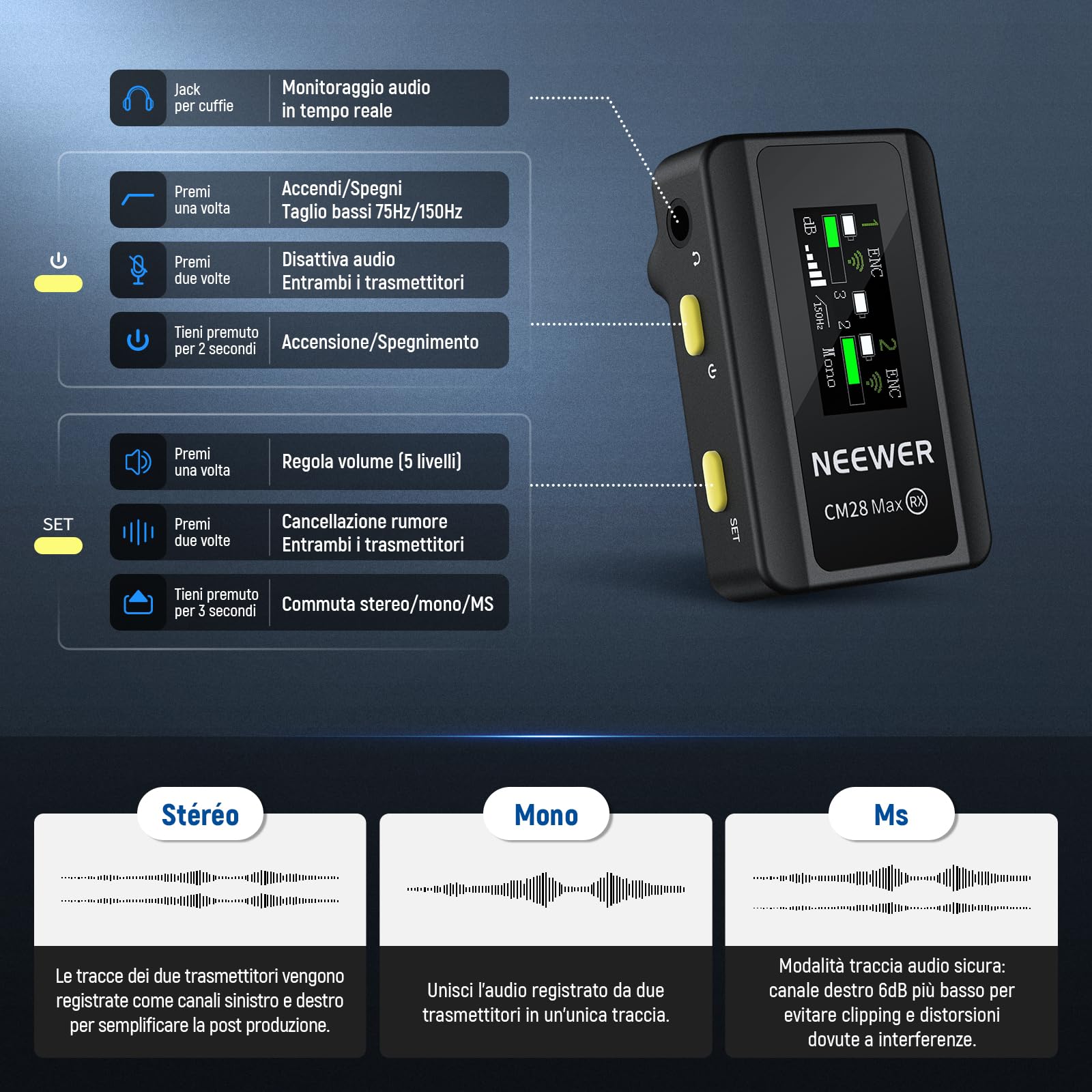 NEEWER CM28 Max Microfono Lavalier Wireless a Bavero con Custodia di Ricarica, Non Compresso 48KHz 24Bit 8GB, 25H di Registrazione Video, Anti Rumore, Mini Mic per iPhone iPad Android Fotocamera PC